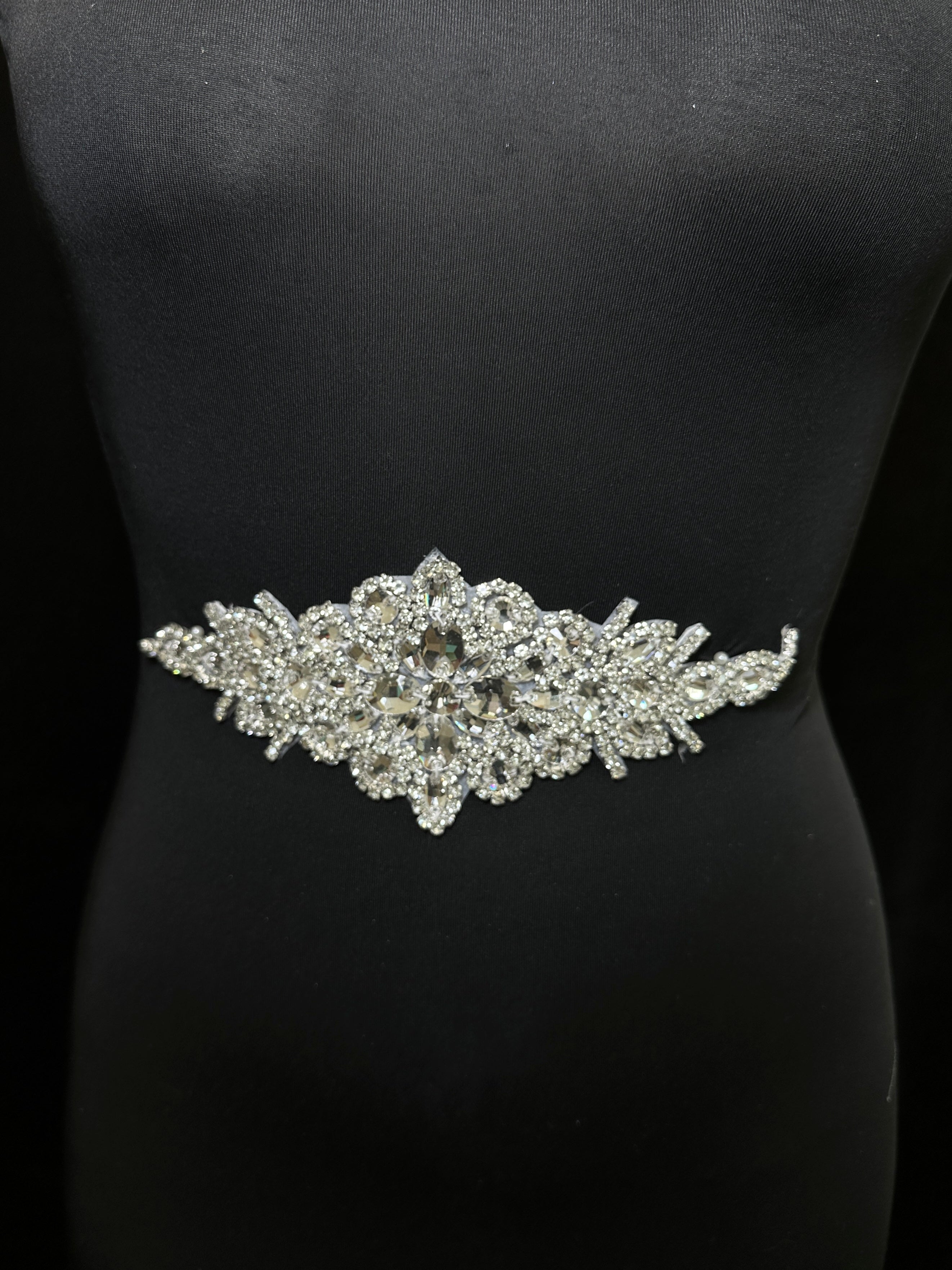 Asia Silver Iron On Rhinestone Applique , silver applique, dark silver applique, silver bodice, silver embellishment for dress,