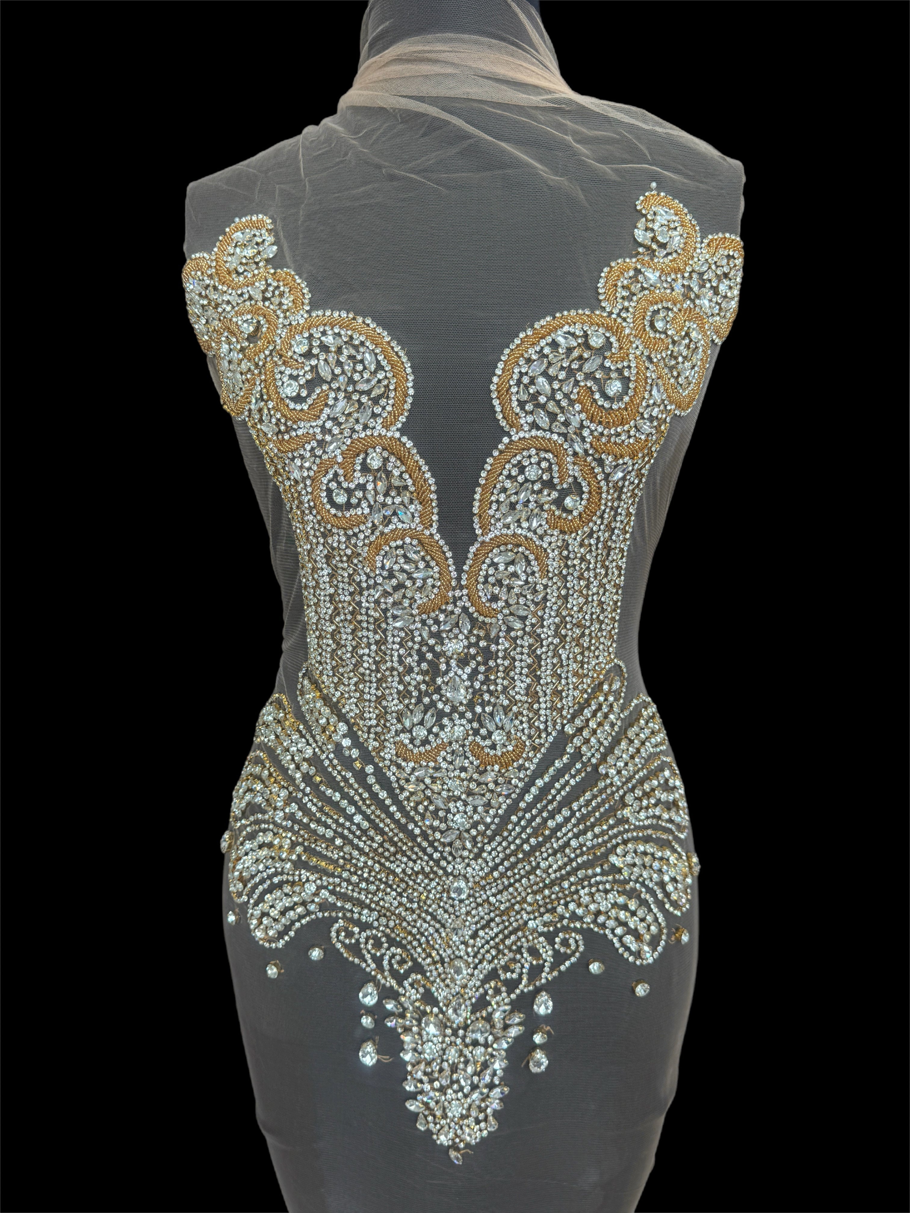 Carla Gold Silver Rhinestone Bodice Applique, Gold Silver Rhinestones Applique, Embellished clothing, Rhinestone applications, Rhinestone embroidery, Rhinestone patch, Dress patch, Rhinestones for dress