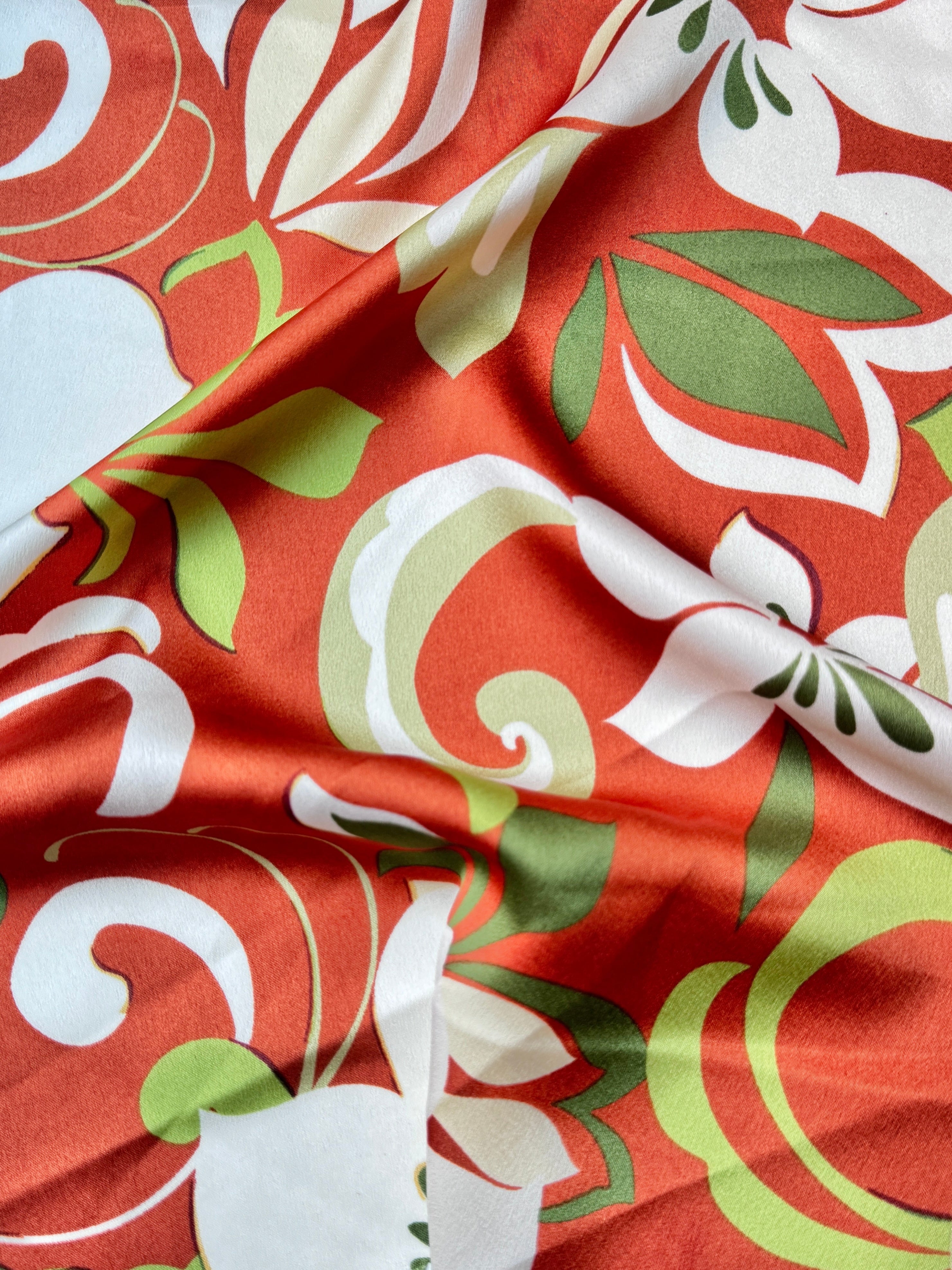 rust Floral Print Satin, dark orange floral print Satin, orange Printed Satin, best quality Printed Satin, Printed Satin for bridal wear, Printed Satin for party wear, Printed Satin in low price, premium Printed Satin