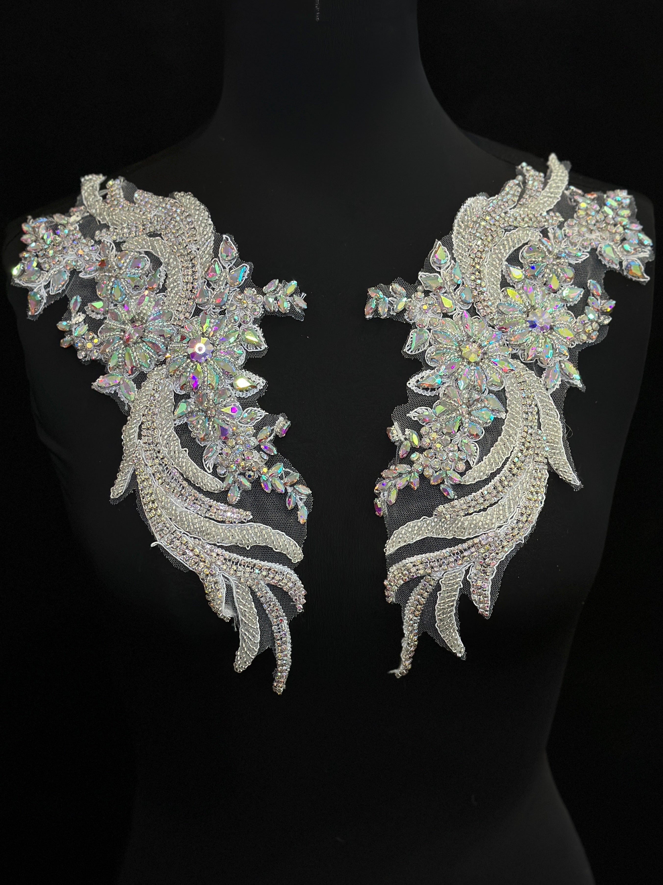 Ciara Silver Iridescent Rhinestone Applique , silver applique, dark silver applique, silver bodice, silver embellishment for dress,