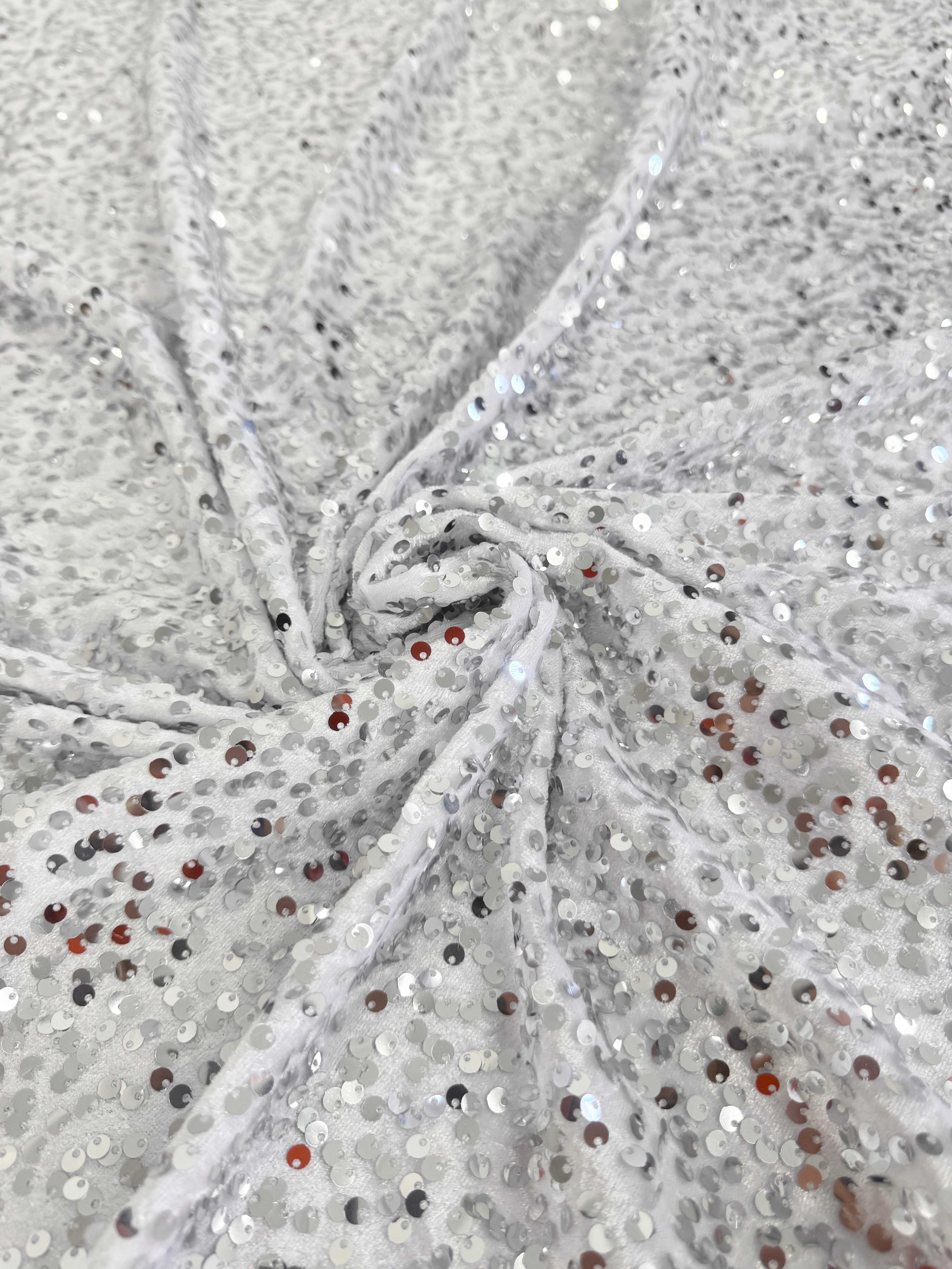 Silver White Sequins Velvet, Sequin on velvet, Stretch Sequin Mesh, Stretch Sequin velvet for woman, Stretch Sequin velvet for bride, Stretch Sequin velvet on sale, Stretch Sequin velvet on discount, Stretch Sequin velvet online