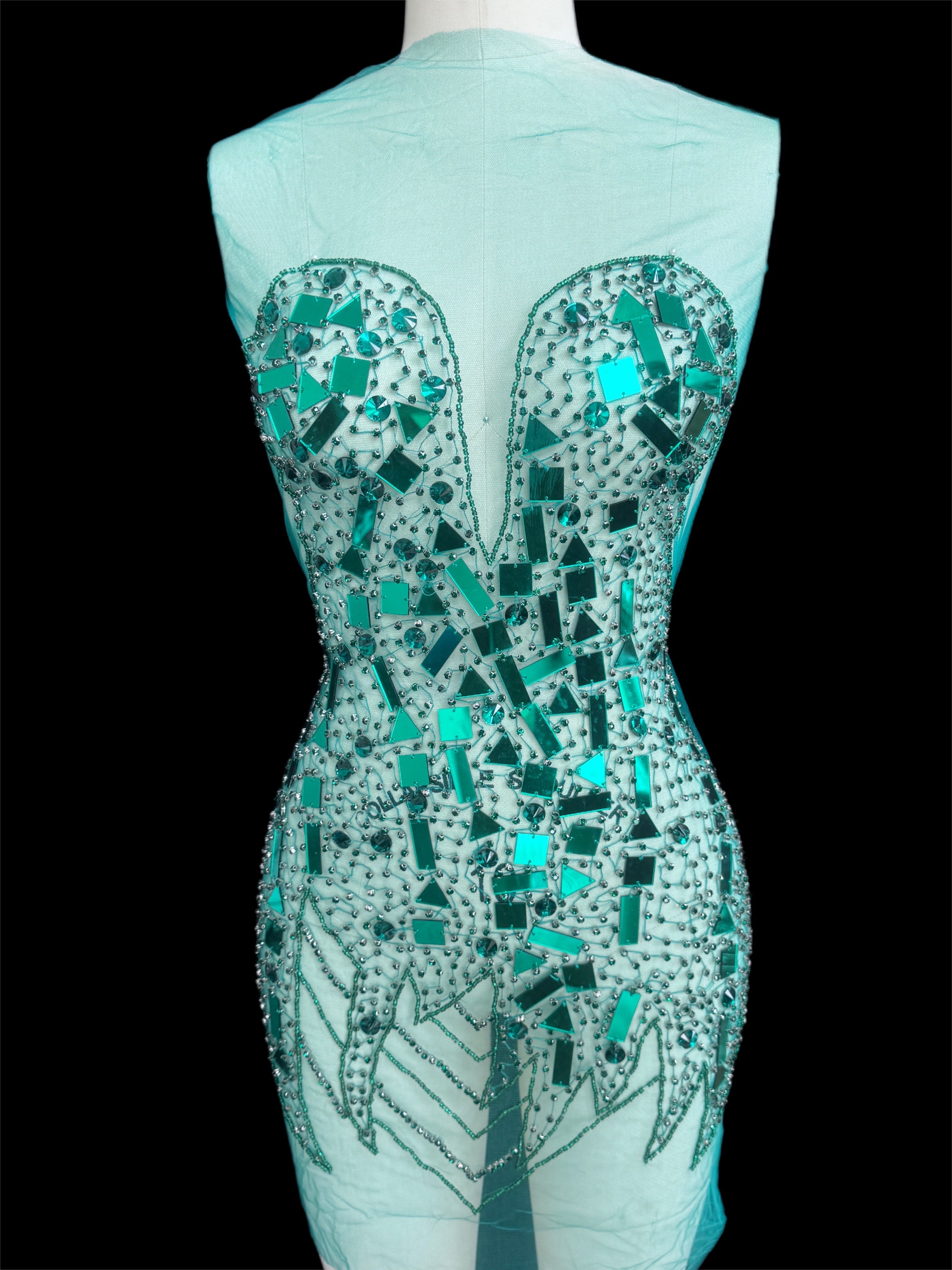 Maddy Emerald Green Rhinestone Bodice Appliqué, Silver Rhinestones Applique, Embellished clothing, Rhinestone applications, Rhinestone embroidery, Rhinestone patch, Dress patch, Rhinestones for dress