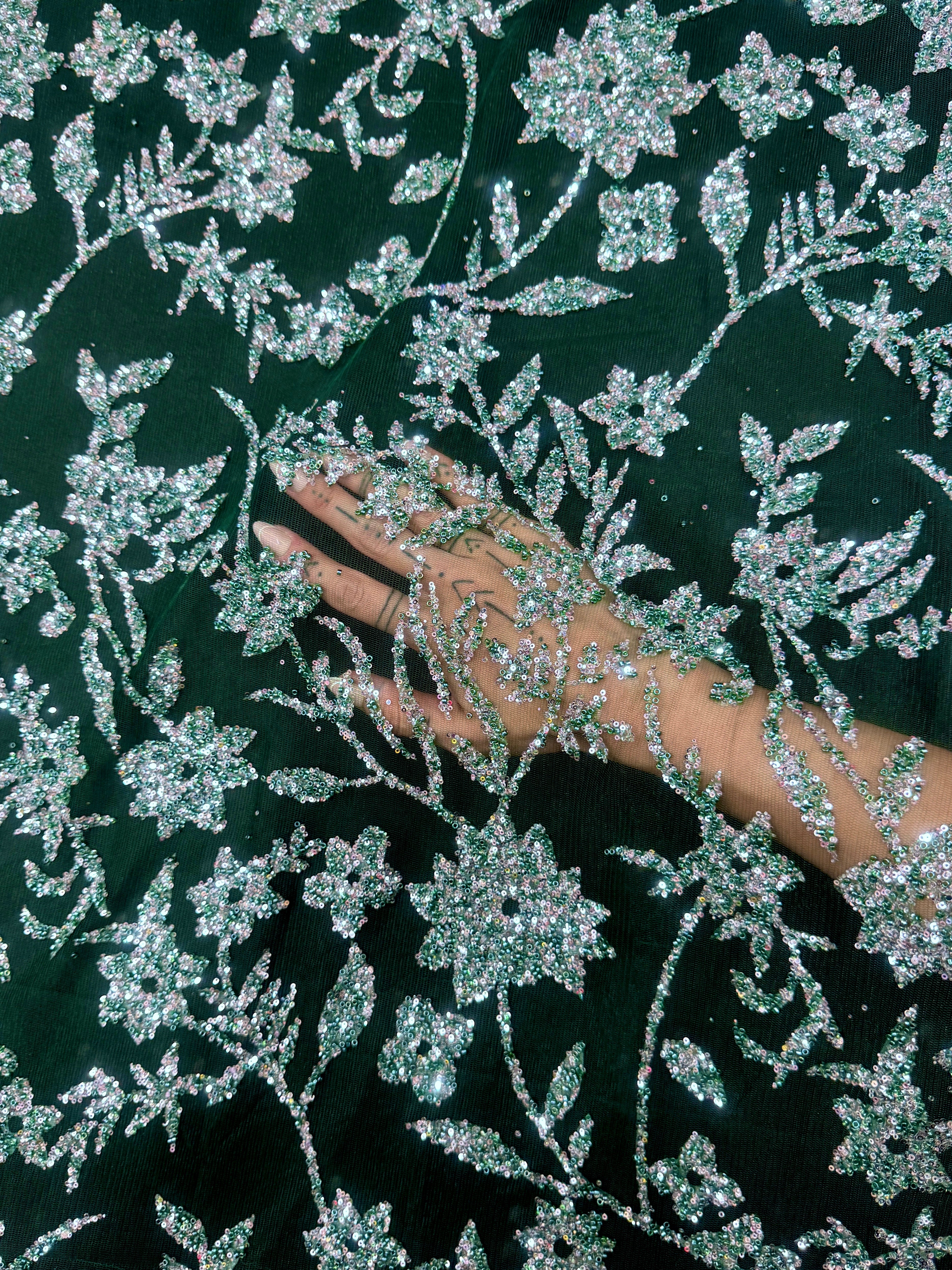 Green Silver Floral Beaded Lace, Green Lace Mesh, Beaded sequin lace, nude lace mesh,Glitter Lace, Seed beads lace,lace mesh on discount
