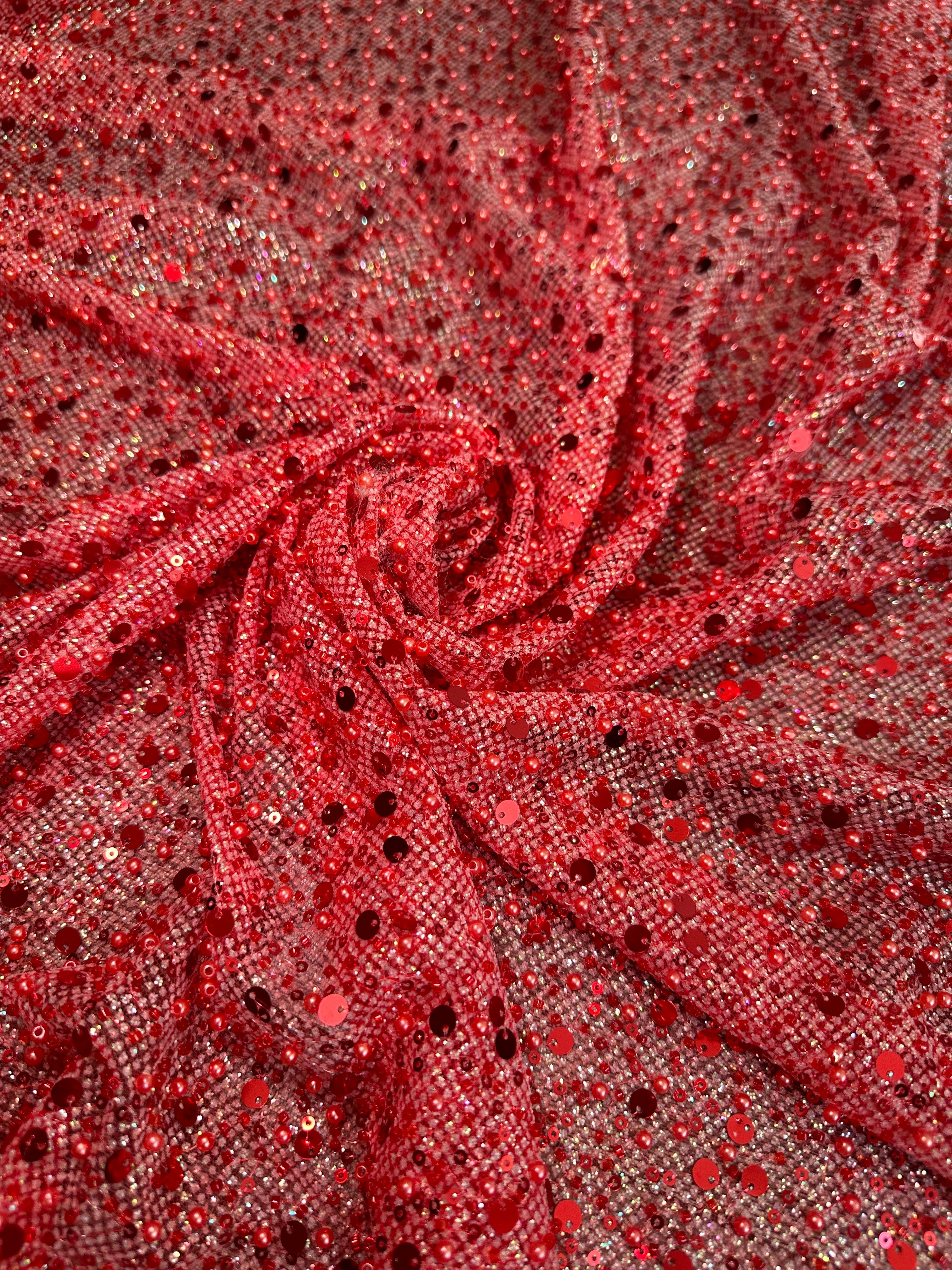 Red Sequin Pearl Beaded Mesh, Sequin on mesh, Pearl Beaded Mesh, beaded sequin on mesh, pearl beaded fabric, shimmering sequins