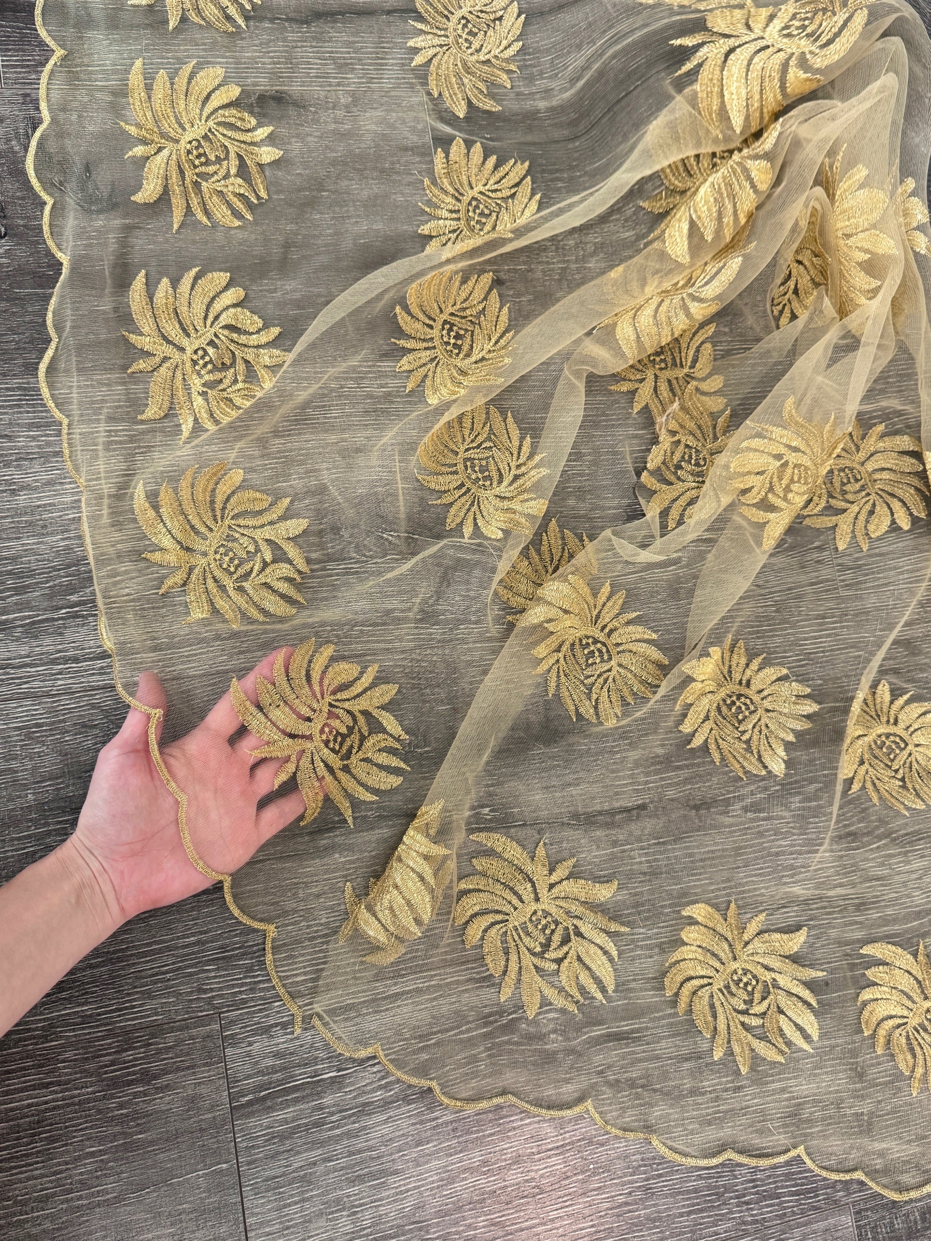 Gold Scalloped Floral Embroidered Lace, dark gold Scalloped Floral Embroidered Lace, light gold Scalloped Floral Embroidered Lace, Scalloped Floral Embroidered Lace for woman,Scalloped Floral Embroidered Lace for bride, Scalloped Floral Embroidered Lace on discount