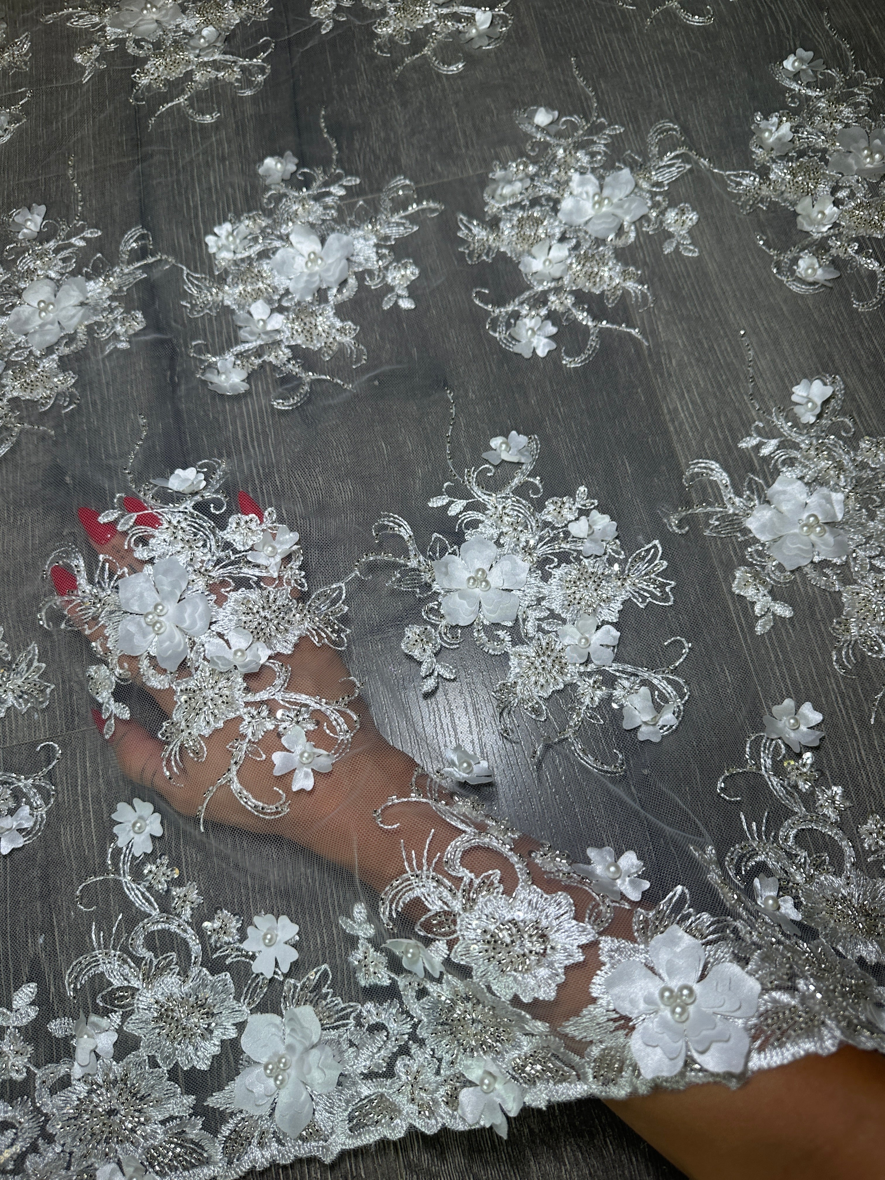 White 3D Floral Embroidered Beaded Tulle Lace, Embroidered Lace, Beaded Tulle Lace, Tulle for Wedding Dress, Pearl Material, Tulle Fabric, Tulle Lace Dress Woman