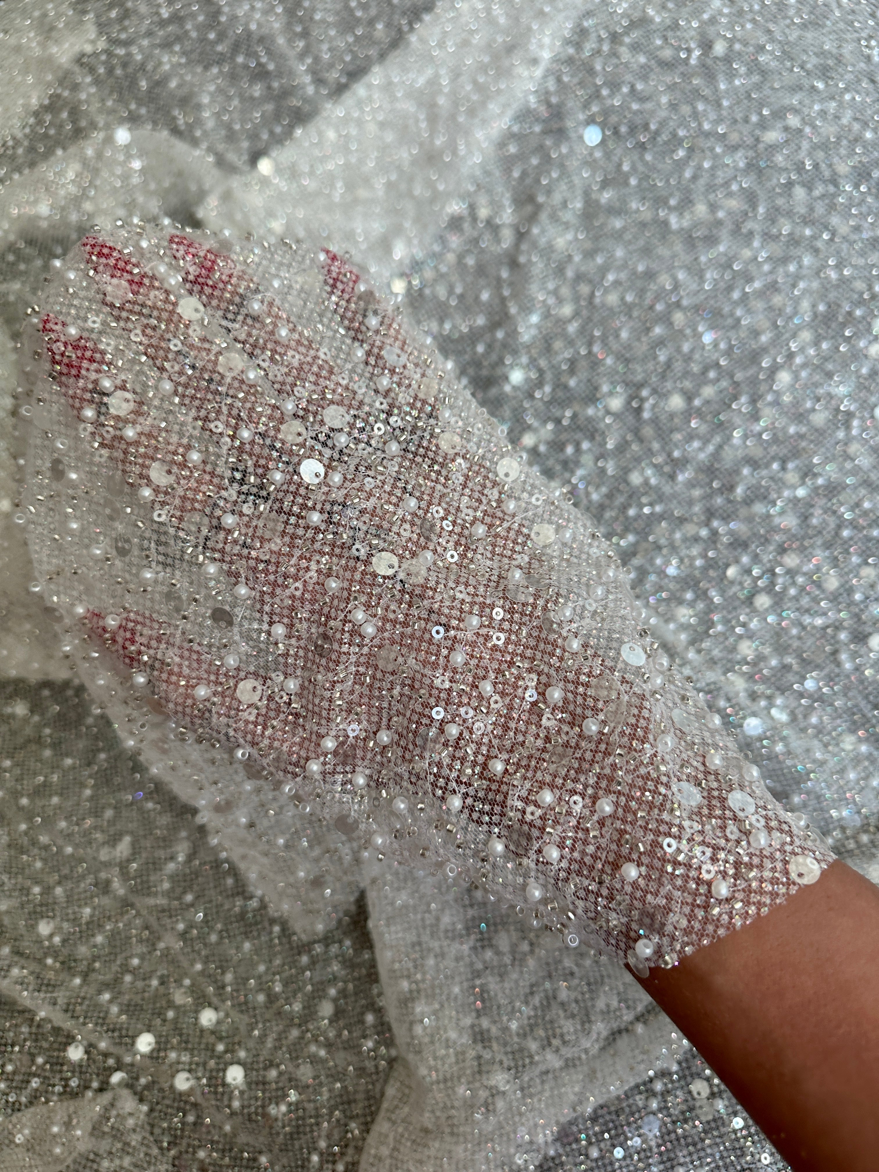 Off White Sequin Pearl Beaded Mesh, Sequin on mesh, Pearl Beaded Mesh, beaded sequin on mesh, pearl beaded fabric, shimmering sequins