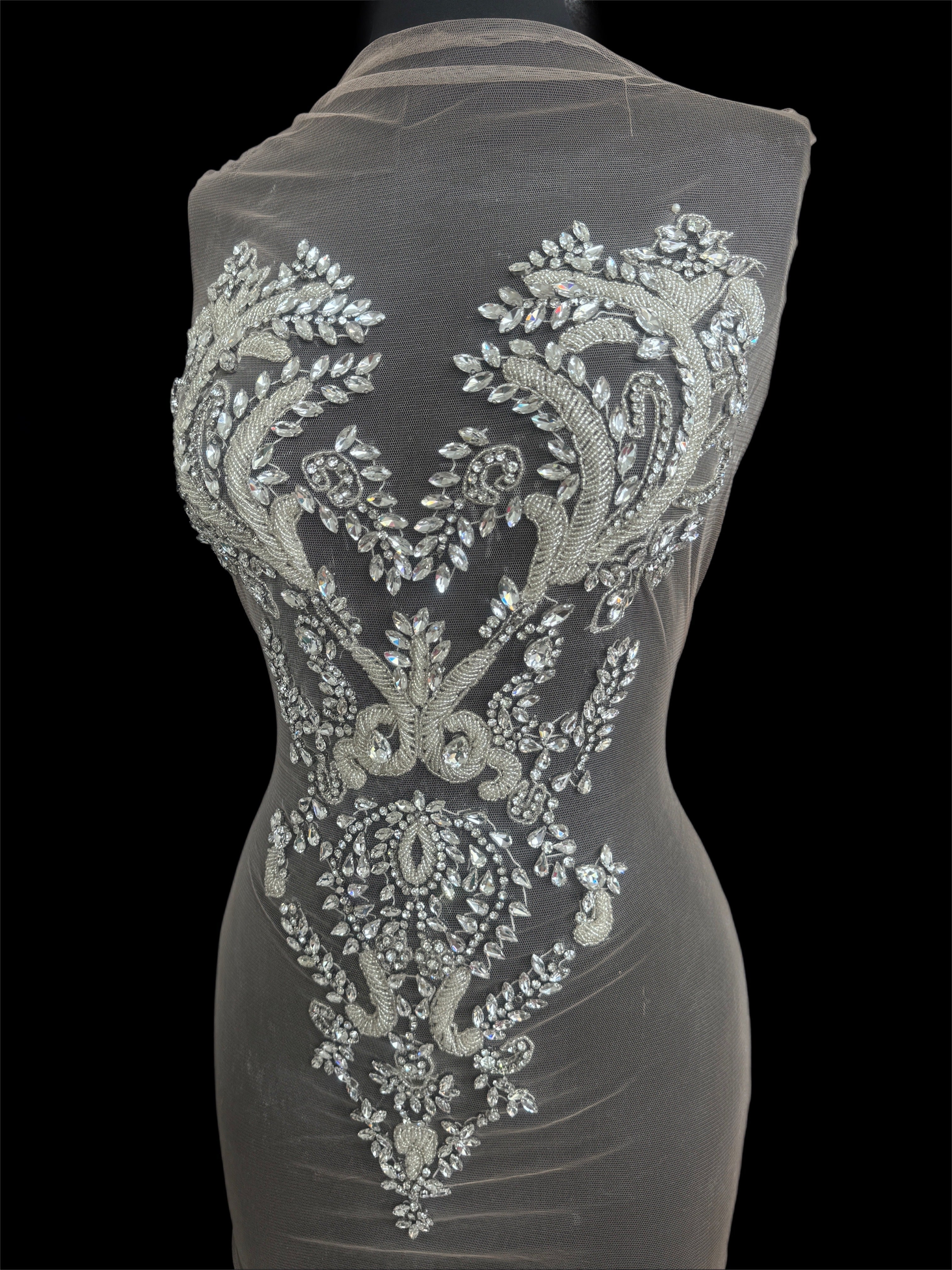 Luna Silver Rhinestone Bodice Appliqué, Silver Rhinestones Applique, Embellished clothing, Rhinestone applications, Rhinestone embroidery, Rhinestone patch, Dress patch, Rhinestones for dress