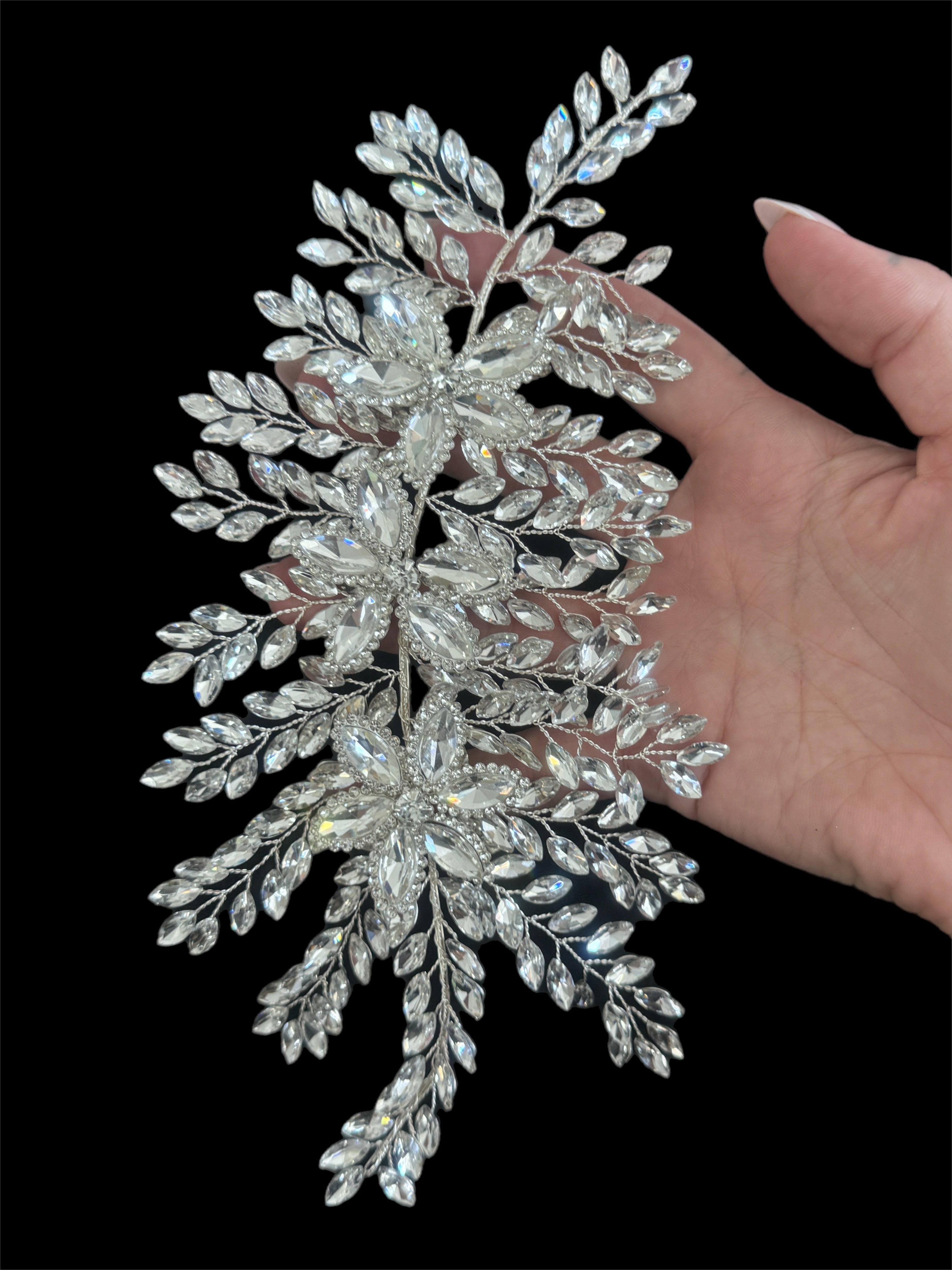 Louise Silver Bridal Leaves Rhinestone Applique, Silver Rhinestones Applique, Embellished clothing, Rhinestone applications, Rhinestone embroidery, Rhinestone patch, Dress patch, Rhinestones for dress