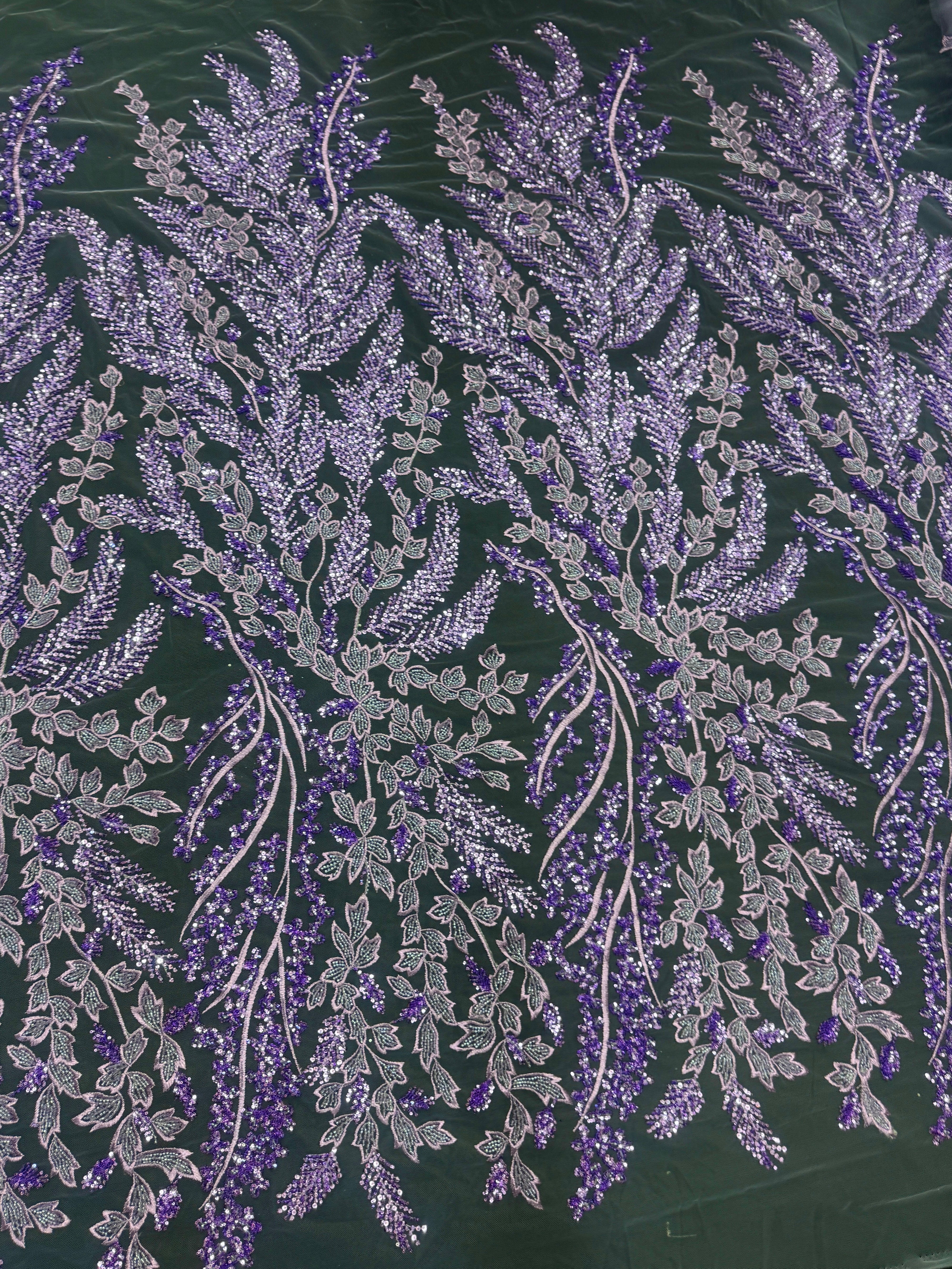 Lavender Leaves Beaded Embroidered Lace, Lavender lace, Embroidered Lace, nude lace mesh, lace for woman, lace for bride, lace on sale, lace on discount
