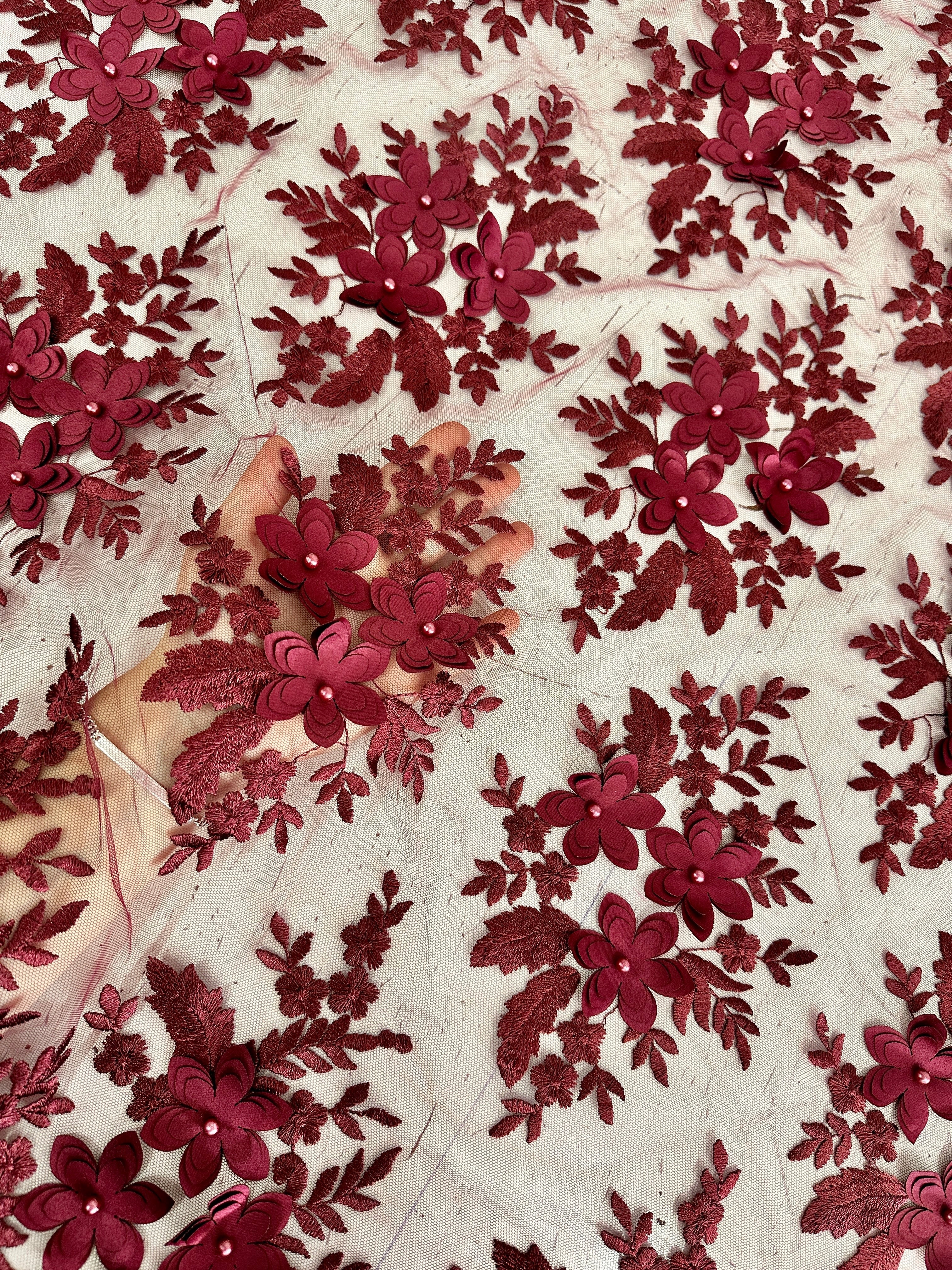 Burgundy 3D Flower Scalloped Mesh Lace, Burgundy Mesh, Nude lace mesh, lace mesh for woman, lace mesh for bride, lace mesh on sale, lace mesh on discount