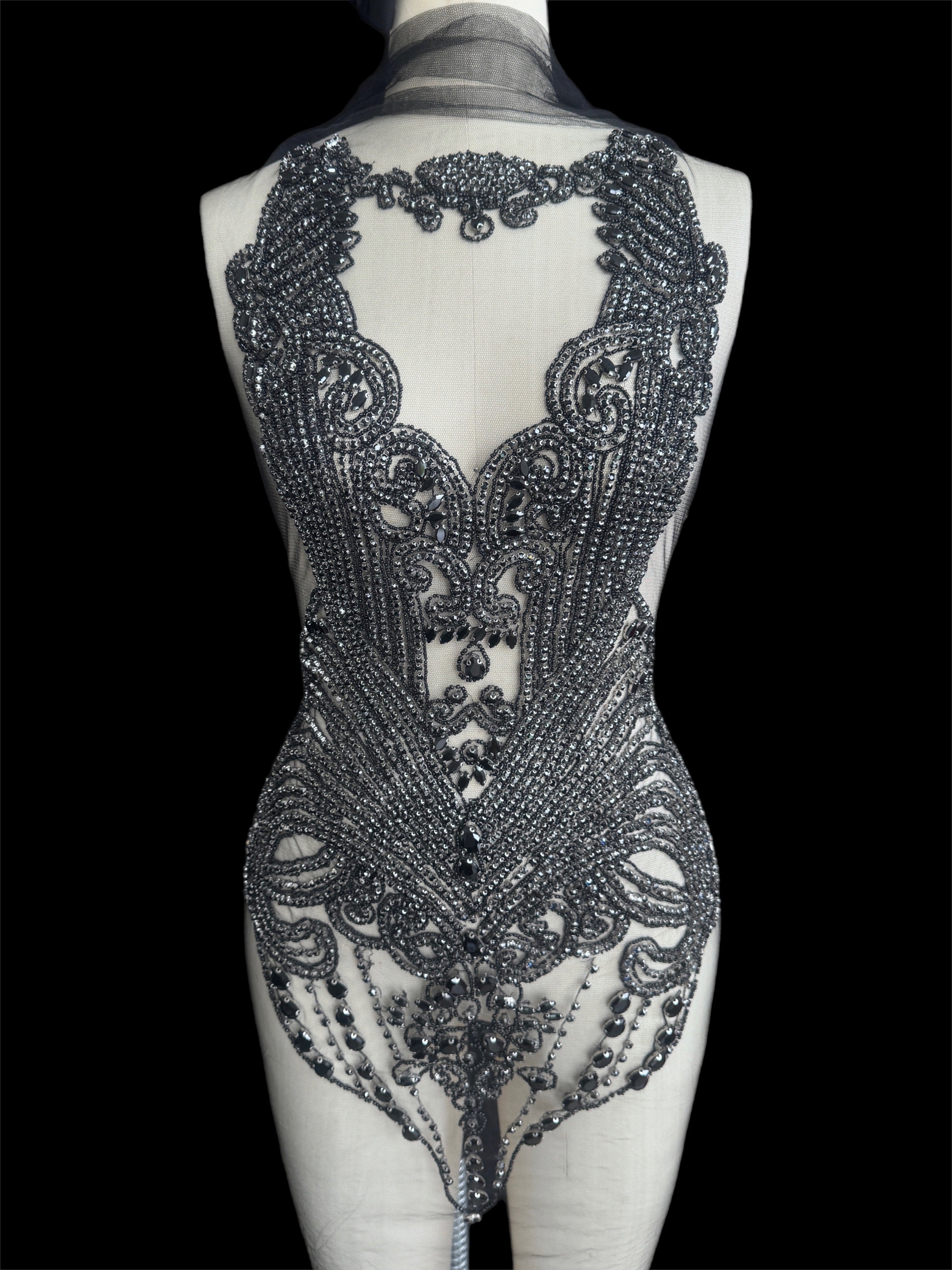 Gigi Black Rhinestone Bodice Appliqué, Silver Rhinestones Applique, Embellished clothing, Rhinestone applications, Rhinestone embroidery, Rhinestone patch, Dress patch, Rhinestones for dress