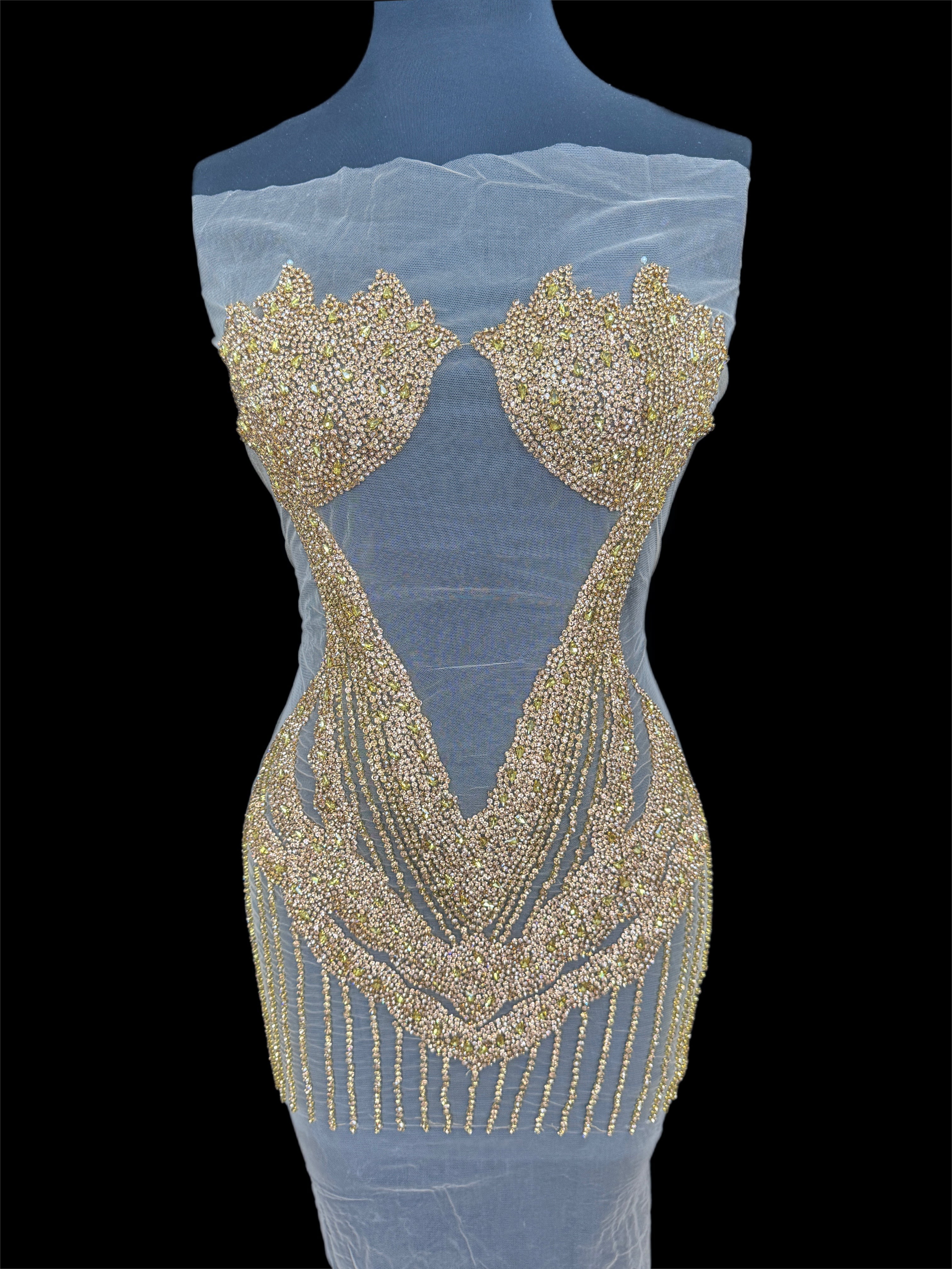 Blanca Gold Rhinestone Bodice Applique, Gold Rhinestones Applique, Embellished clothing, Rhinestone applications, Rhinestone embroidery, Rhinestone patch, Dress patch, Rhinestones for dress