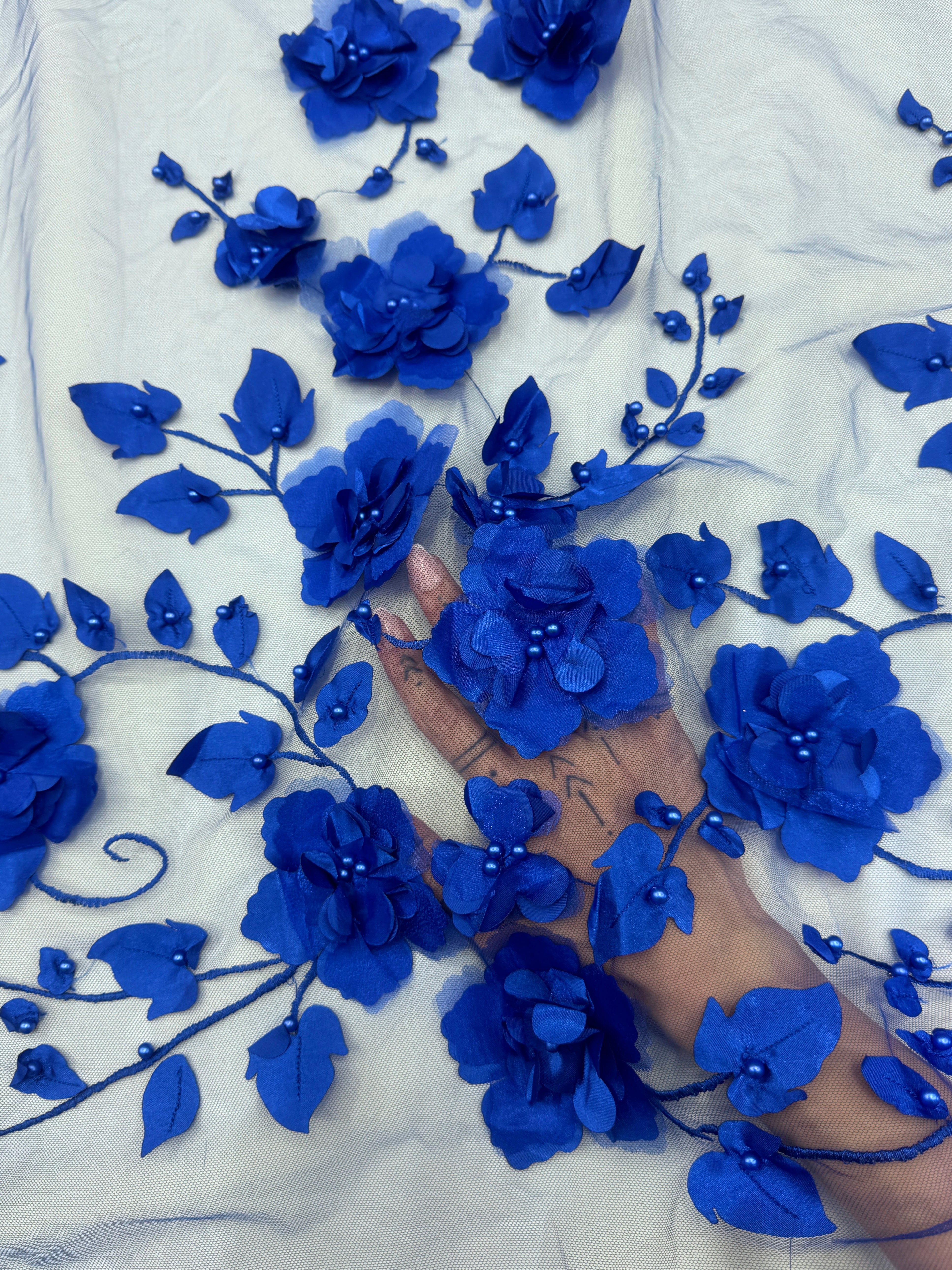 Royal Blue 3D Flower Beaded lace mesh, Blue Mesh, Nude lace mesh, lace mesh for woman, lace mesh for bride, lace mesh on sale, lace mesh on discount
