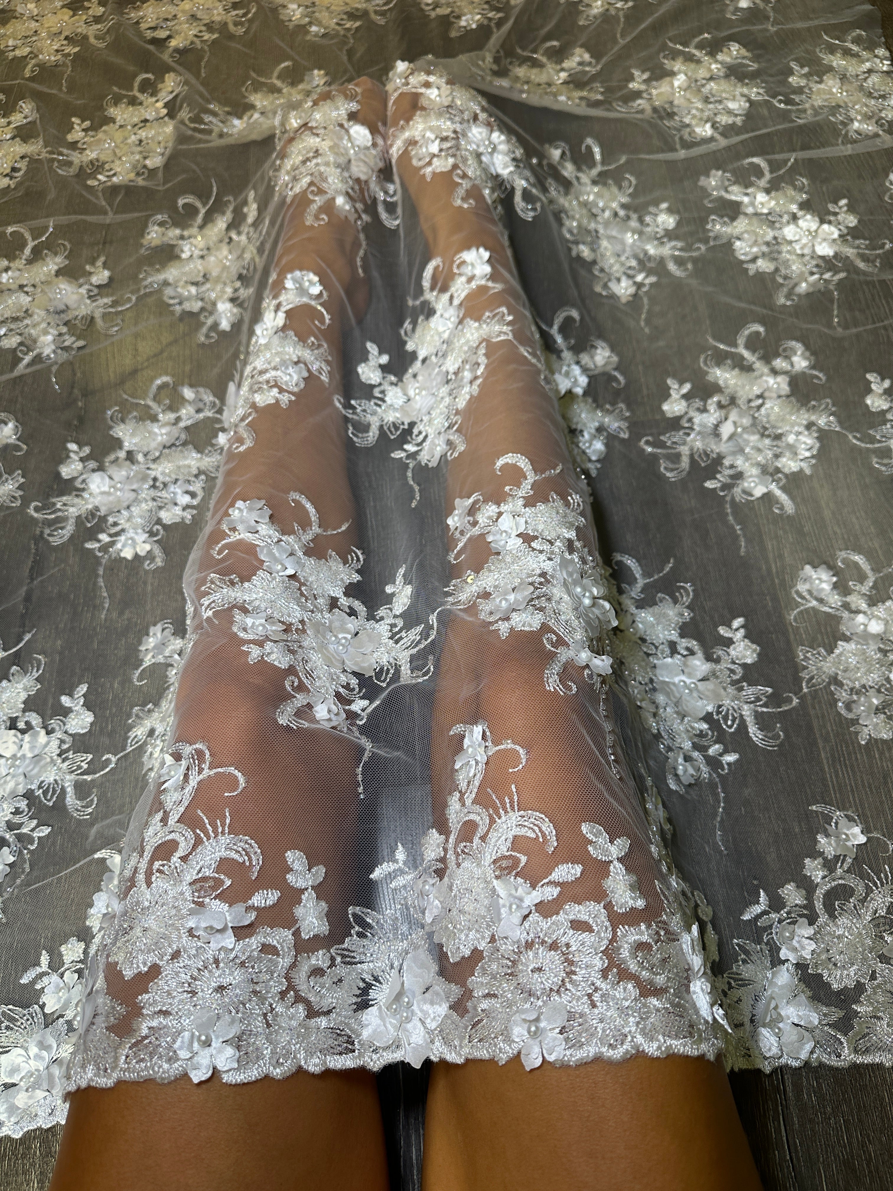 Off White 3D Floral Embroidered Beaded Tulle Lace, Embroidered Lace, Beaded Tulle Lace, Tulle for Wedding Dress, Pearl Material, Tulle Fabric, Tulle Lace Dress Woman