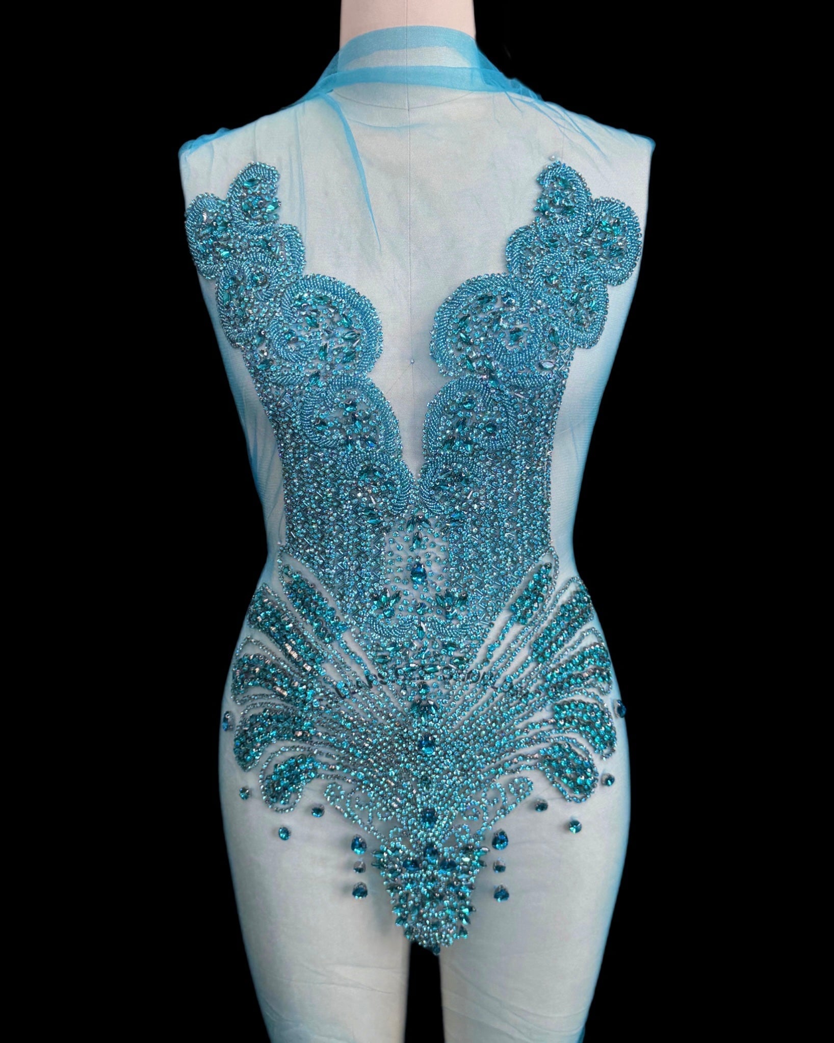 Giulia Turquoise Rhinestone Bodice Applique, blue rhinestone, dark blue rhinestone, light blue rhinestone,
