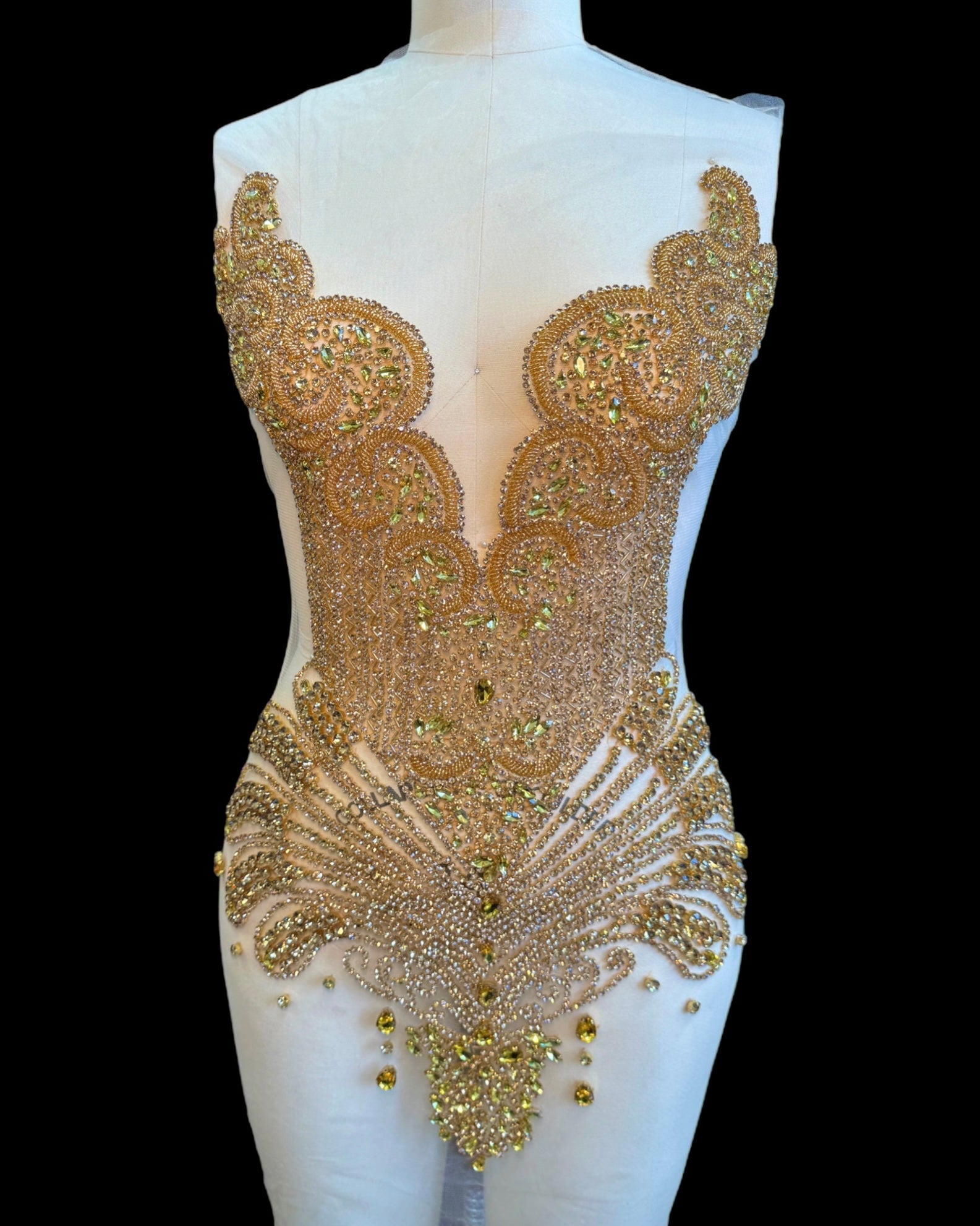Carla Gold Rhinestone Bodice Applique, gold rhinestone, dark gold rhinestone, light gold rhinestone,