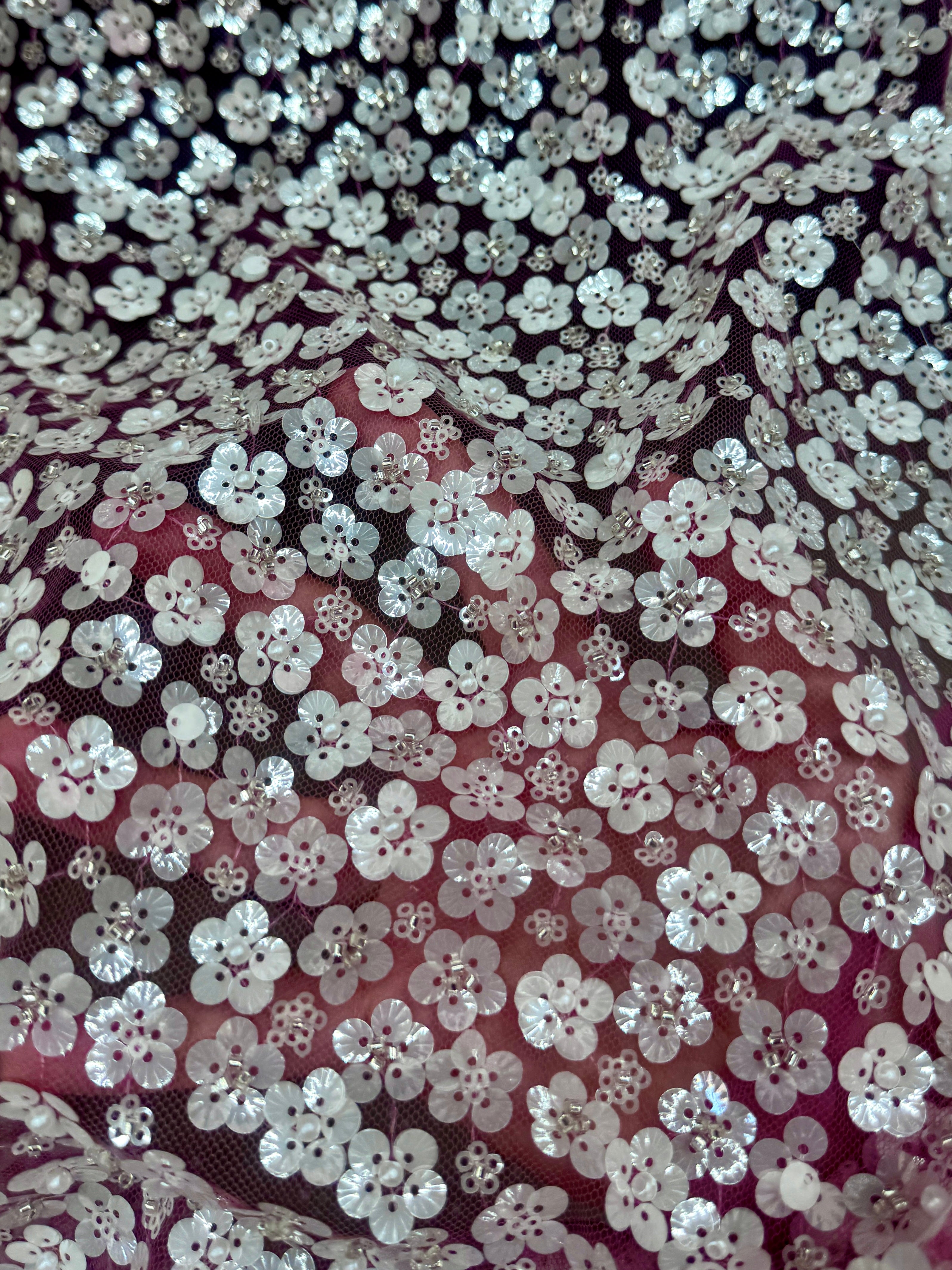 3D White Sequin Flowers on Baby Pink Mesh, Baby Pink mesh, nude lace mesh, lace mesh for woman, lace mesh for bride, lace mesh on sale, lace mesh on discount