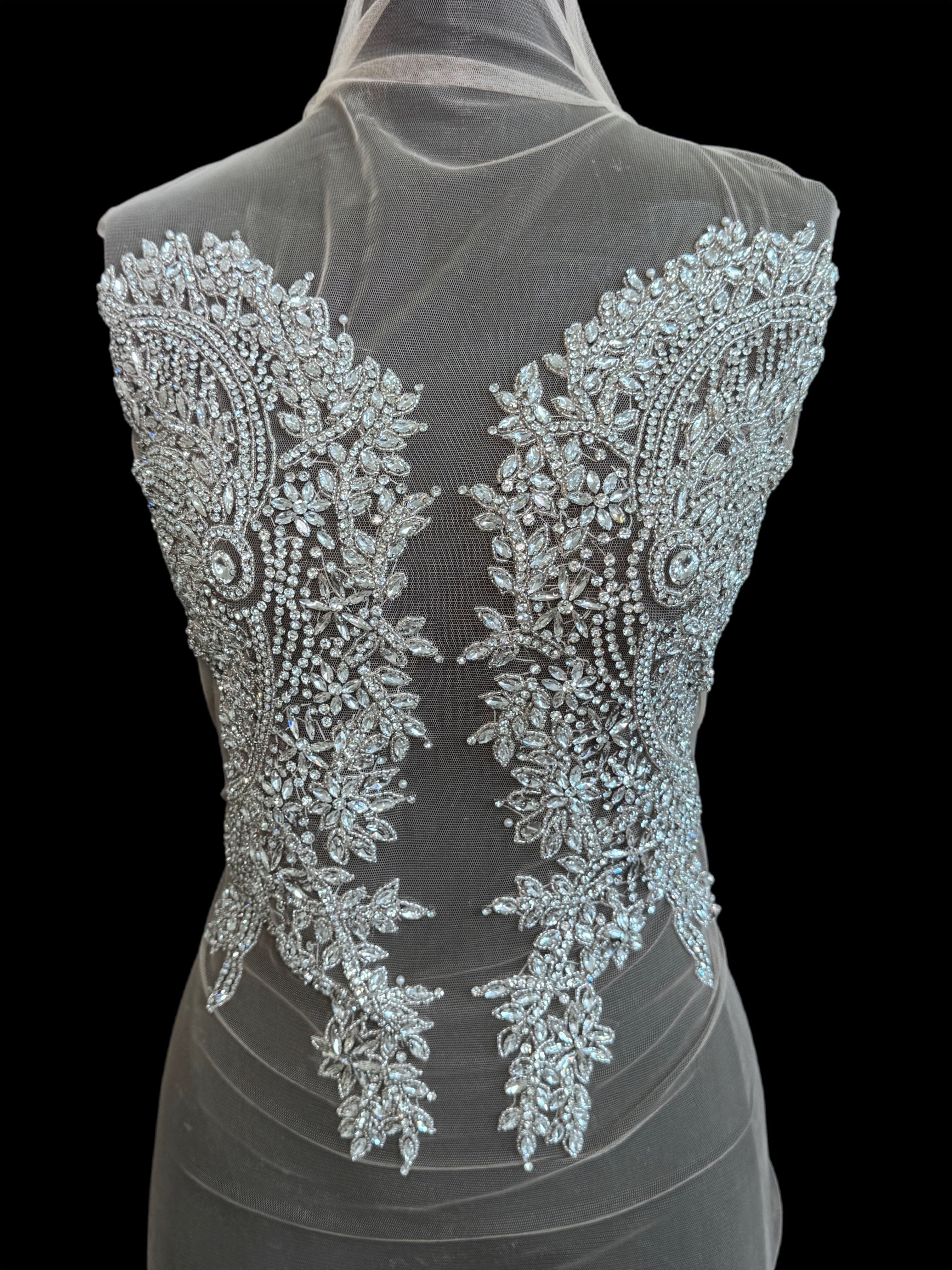 georgia silver iridescent Bodice Applique, dark silver rhinestone, silver rhinestone, light silver rhinestone
