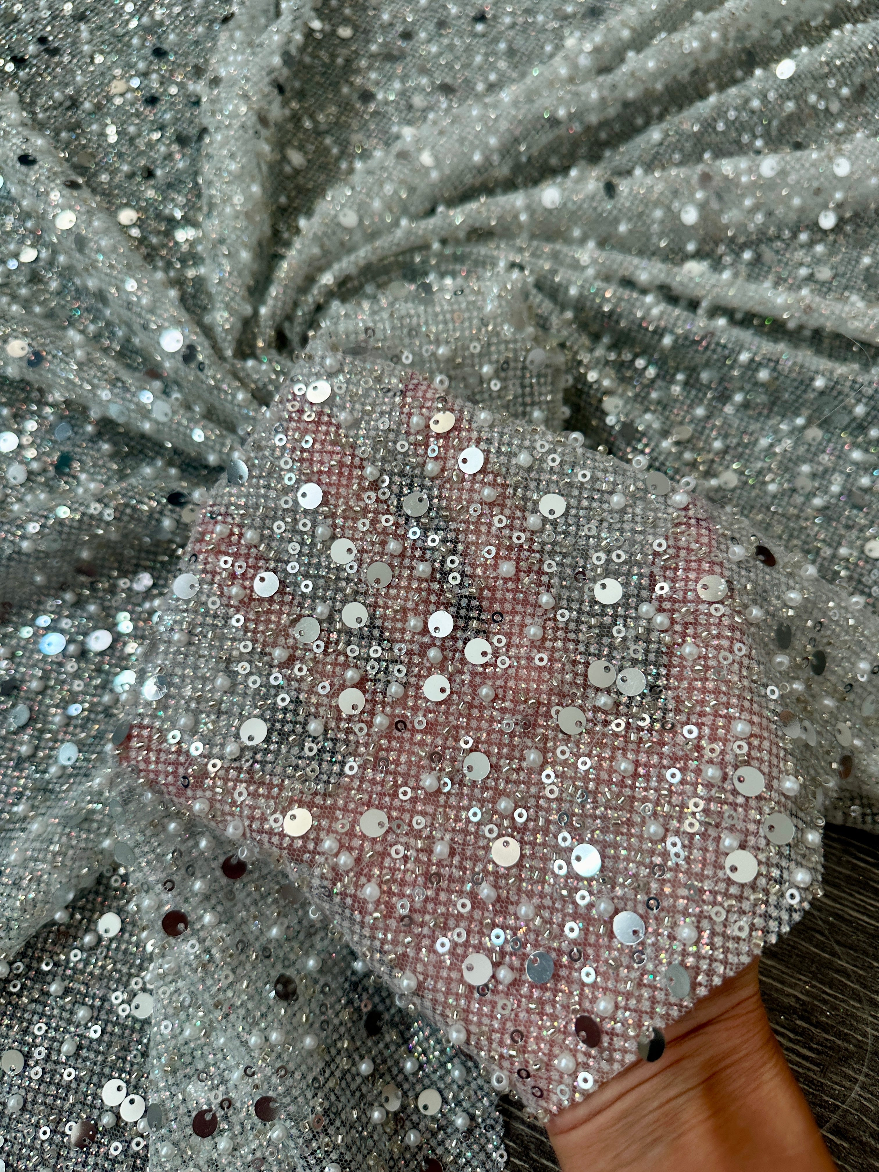 Silver Sequin Pearl Beaded Mesh, Sequin on mesh, Pearl Beaded Mesh, beaded sequin on mesh, pearl beaded fabric, shimmering sequince
