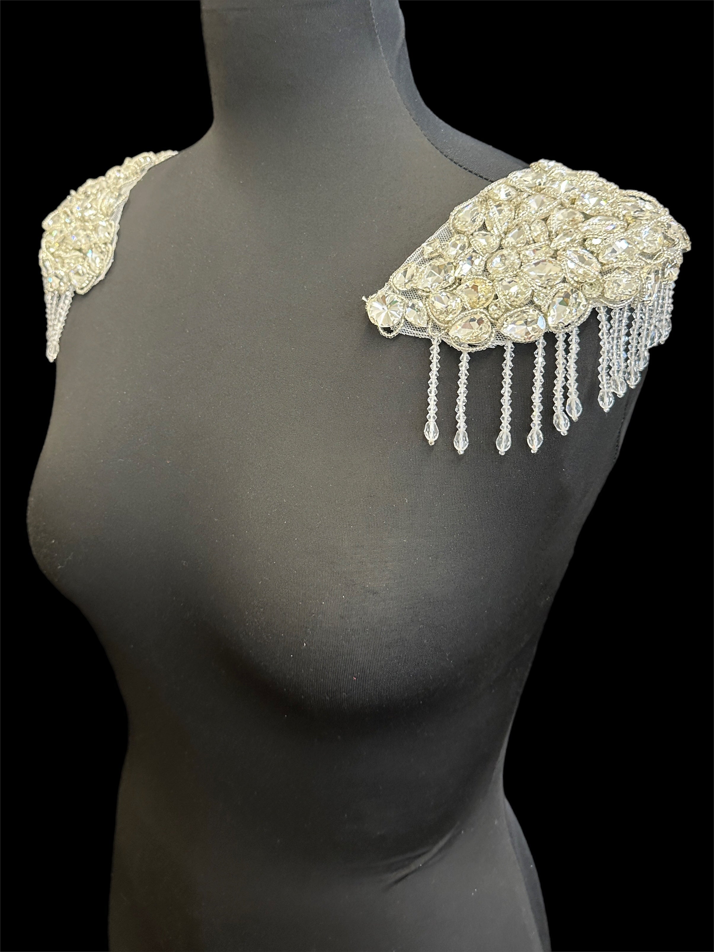 Bianca Silver Shoulder Pads Pair Rhinestone Applique , silver applique, dark silver applique, silver bodice, silver embellishment for dress,