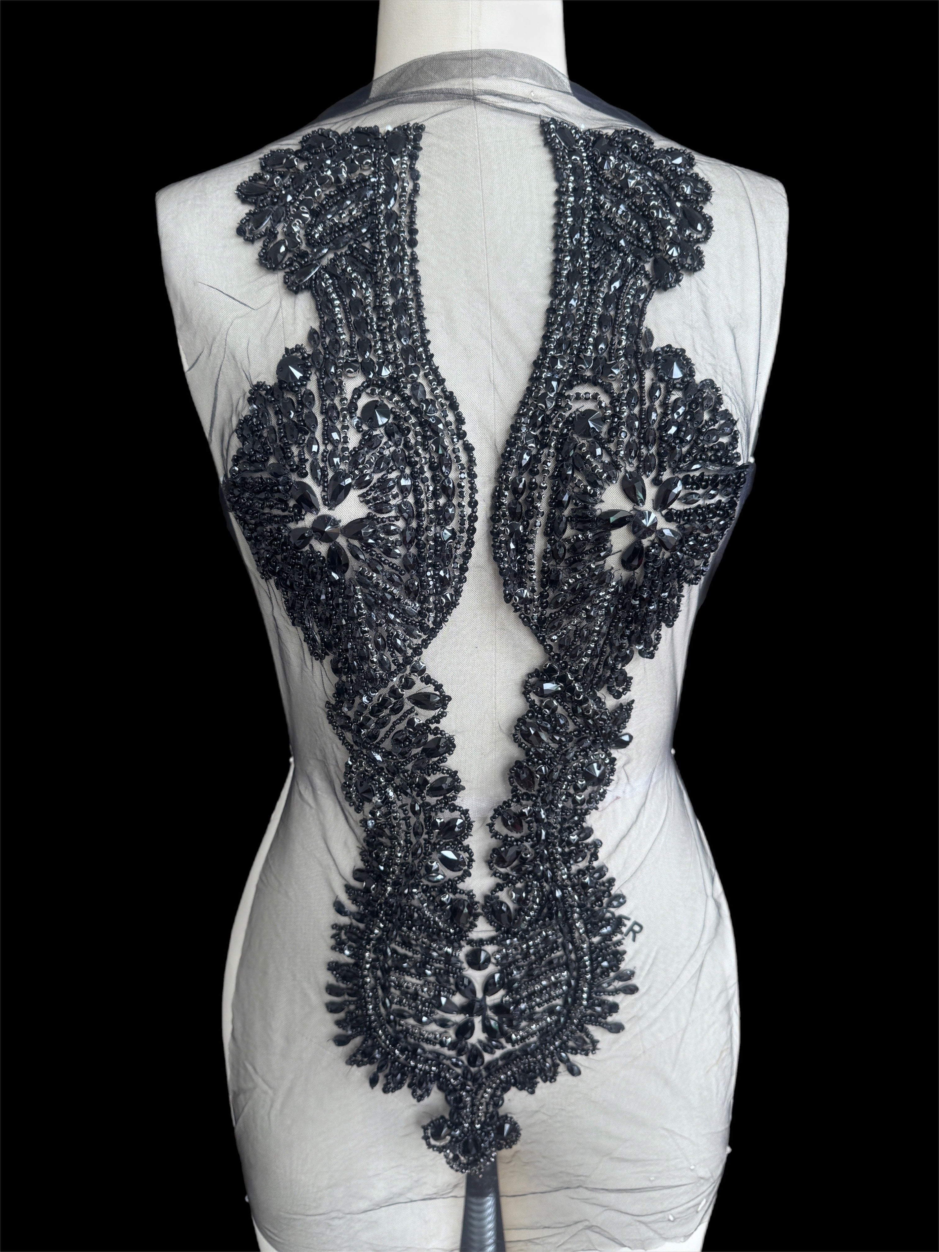 Nico Black Rhinestone Bodice Appliqué, Black Rhinestones Applique, Embellished clothing, Rhinestone applications, Rhinestone embroidery, Rhinestone patch, Dress patch, Rhinestones for dress