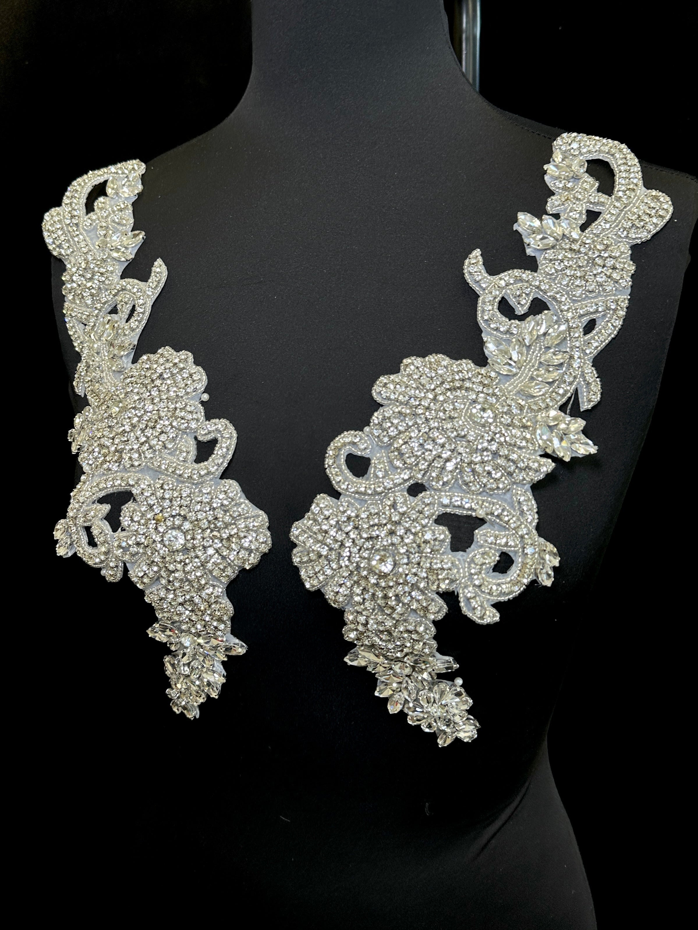 Ciara Silver Rhinestone Applique , silver applique, dark silver applique, silver bodice, silver embellishment for dress,
