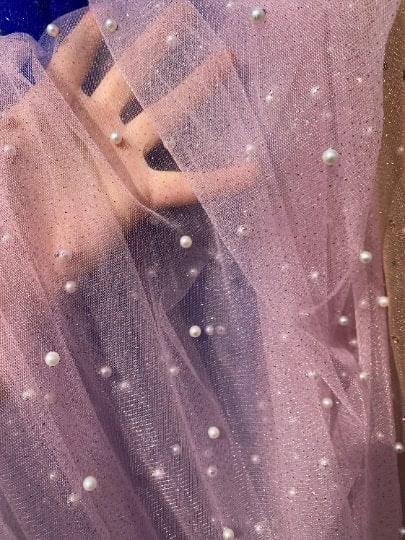 Baby Pink Pearl Beaded Glittery Mesh/Tulle