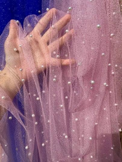 Baby Pink Pearl Beaded Glittery Mesh/Tulle
