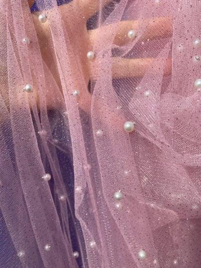 Baby Pink Pearl Beaded Glittery Mesh/Tulle