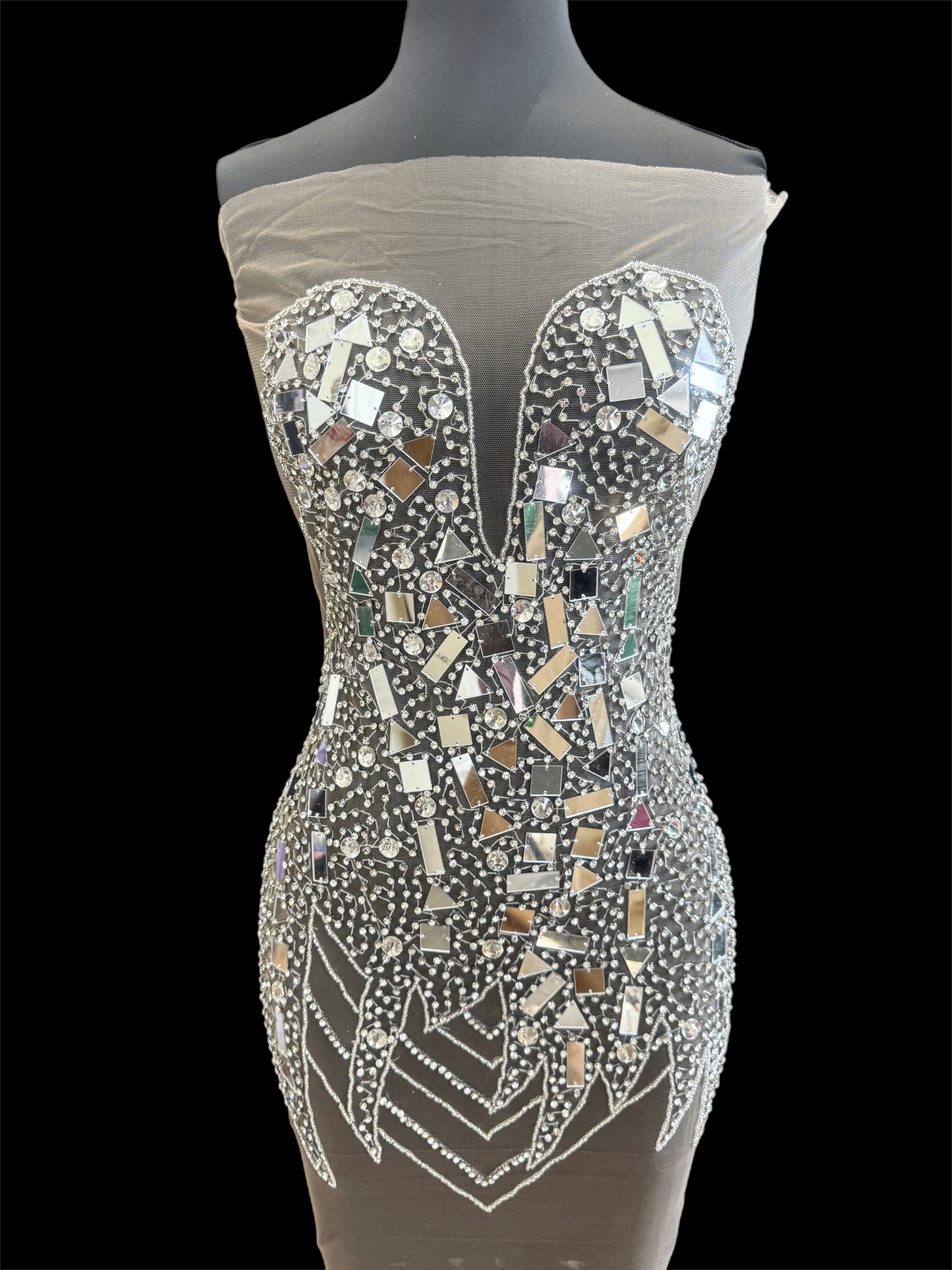 Anne Silver Mirror Rhinestone Bodice Applique, silver rhinestone, light silver rhinestone, dark silver rhinestone