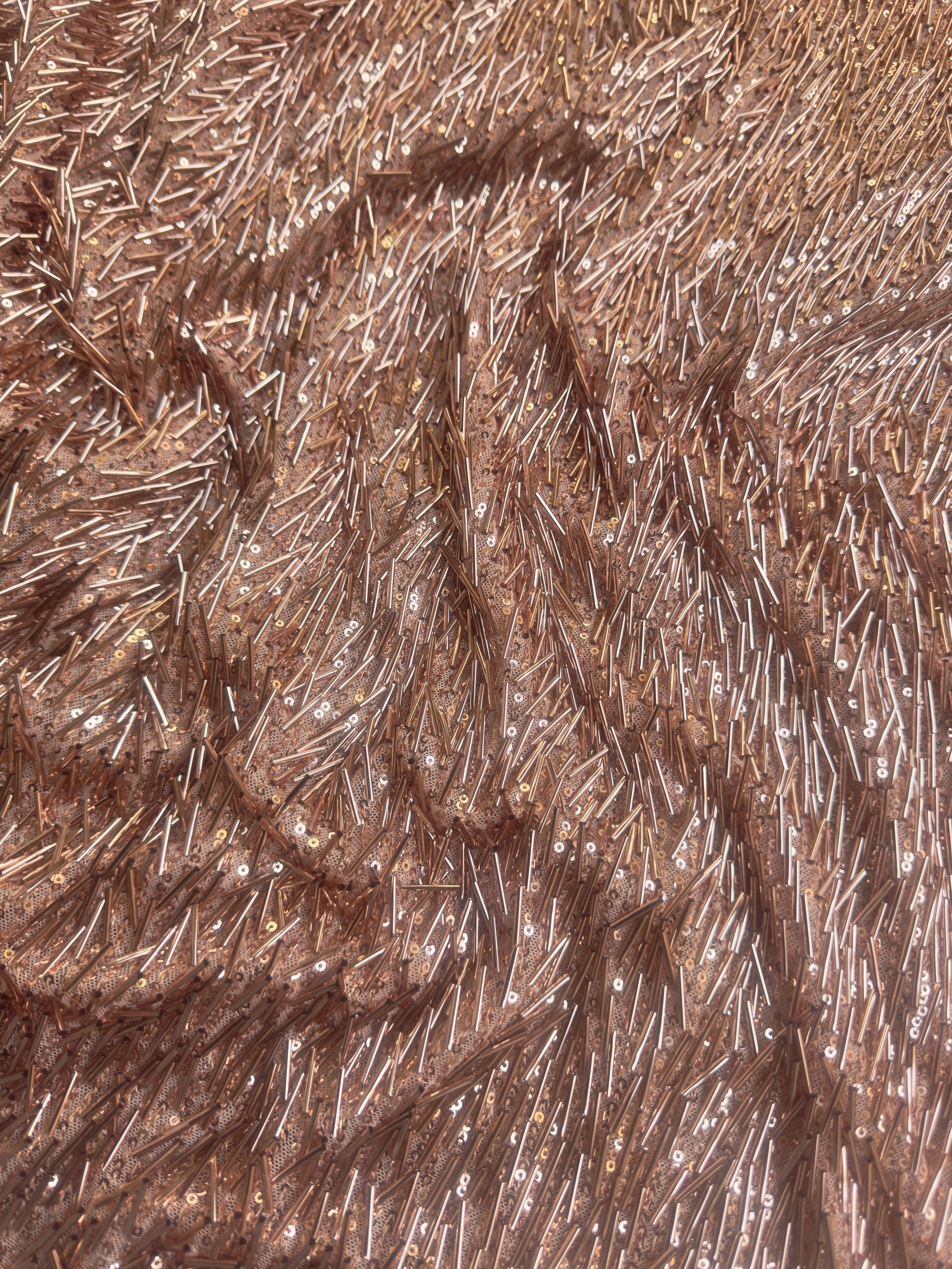 Rose Gold Fringe Sequin on Mesh, Rose Gold Sequin Mesh for woman, Fringe Sequin Mesh for bride, Non-Stretch Mesh on sale, Sequin Mesh on discount, sequin fabric online