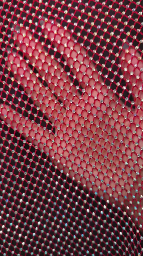 Red Rhinestone Diamond Fishnet Mesh, Rhinestone Fishnet Mesh, Mesh on Sale, Rhinestone on Mesh, Womens Rhinestone Mesh, Fancy Fishnet Mesh