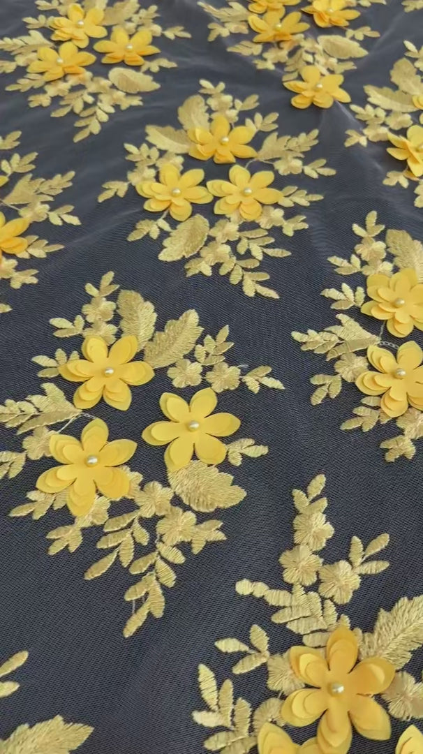 Yellow 3D Floral Scalloped Mesh Lace, Yellow Mesh, Nude lace mesh, lace mesh for woman, lace mesh for bride, lace mesh on sale, lace mesh on discount
