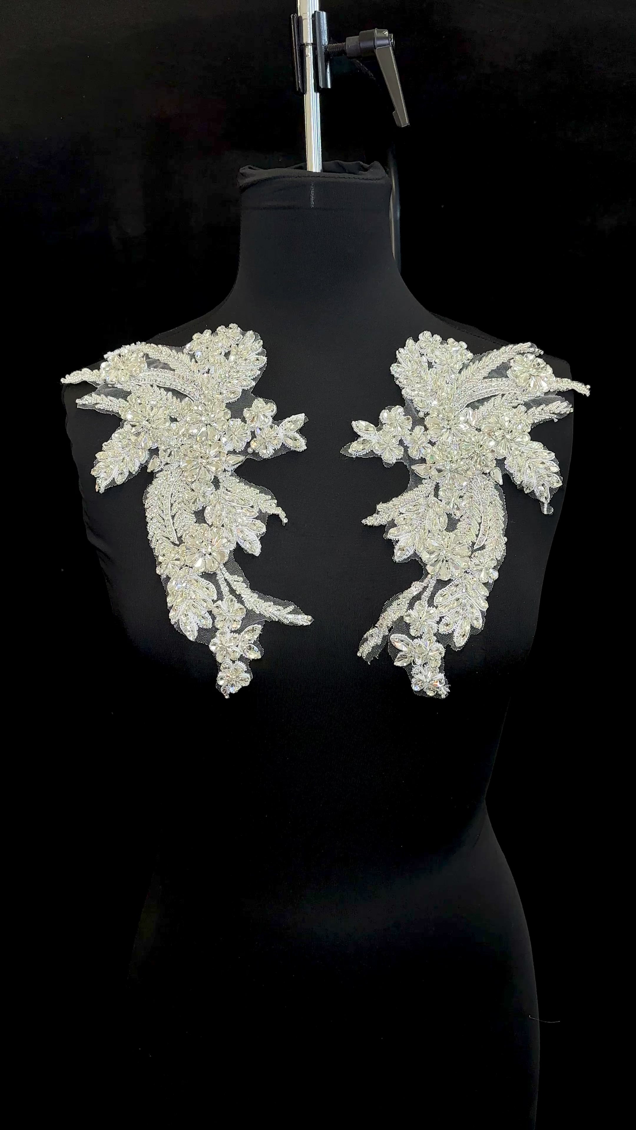 Gina Silver Rhinestone Applique , silver applique, dark silver applique, silver bodice, silver embellishment for dress,