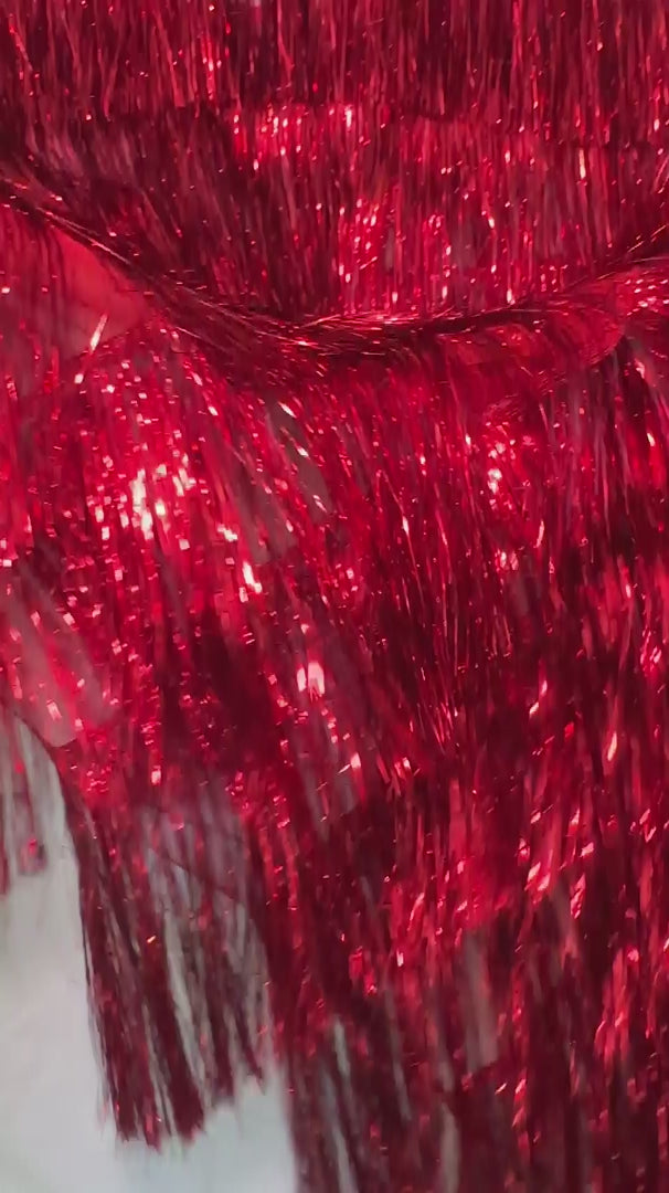 Red Fringe Metallic Mesh Base Fabric, Metallic Mesh Fabric, Mesh Base Fabric, Fashion Textile, Party Dress Material, Craft Fabric