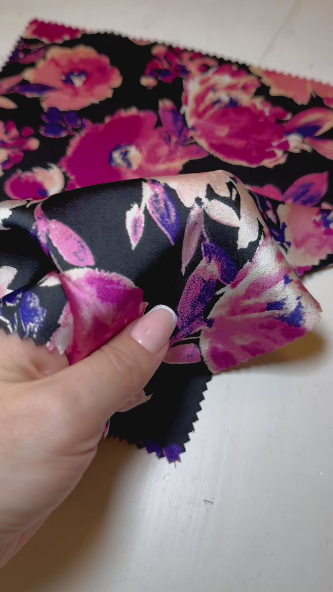 fuchsia black Floral Print Satin, floral print satin, printed satin, fuchsia print satin, black satin, pink satin