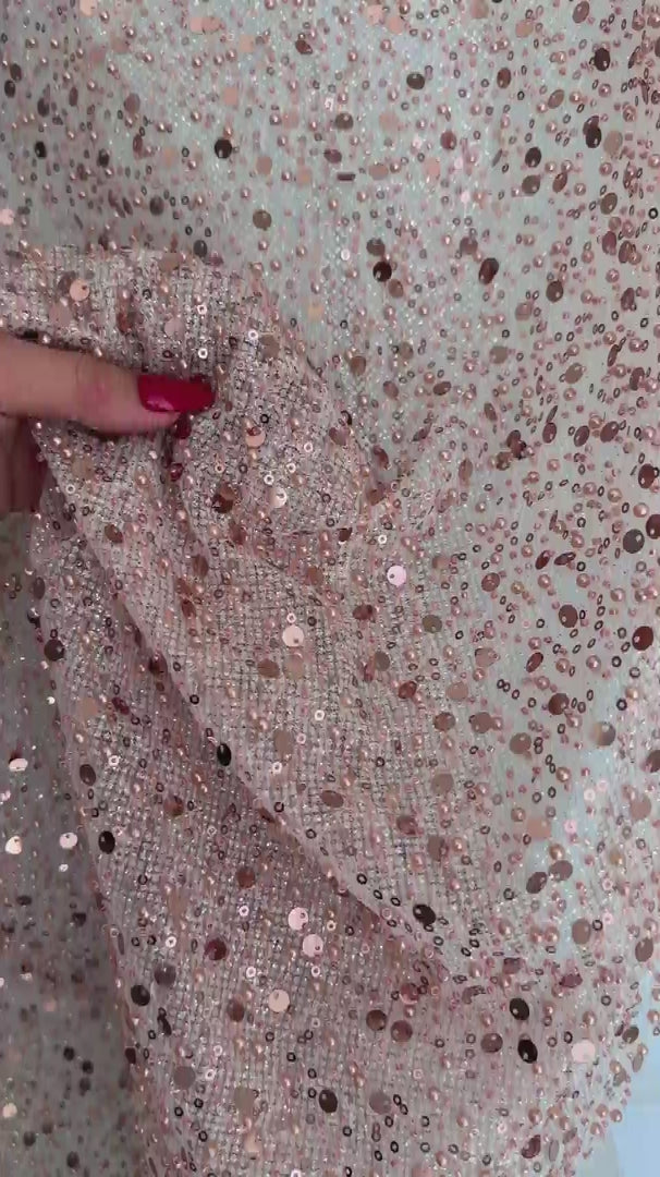 Blush Pink Sequin Pearl Beaded Mesh, Sequin on mesh, Pearl Beaded Mesh, beaded sequin on mesh, pearl beaded fabric, shimmering sequins