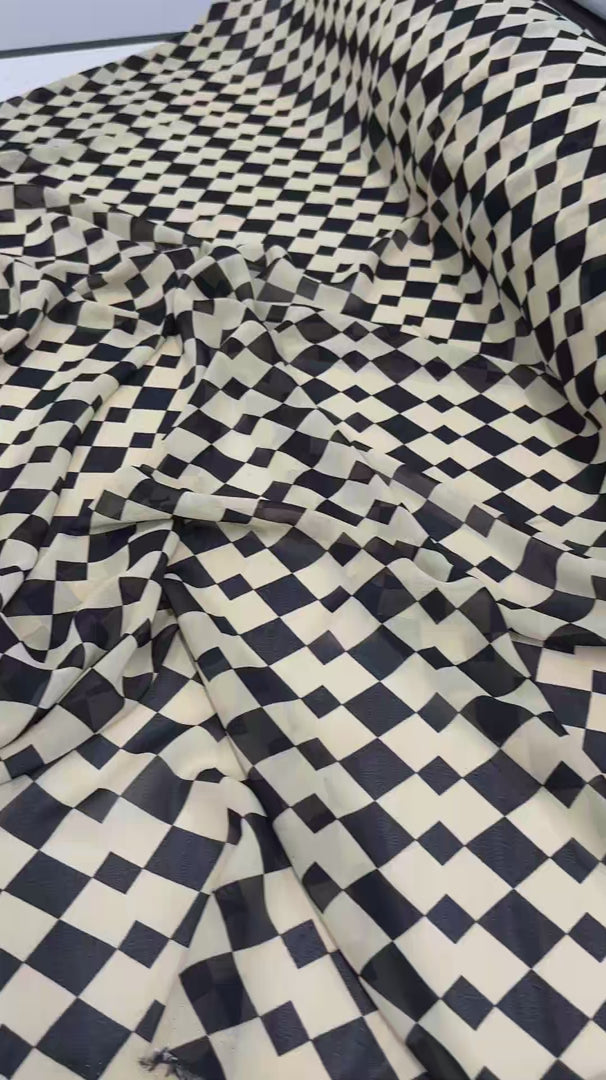 Ivory Black Checkers Viscose Chiffon, chiffon for woman, chiffon for bride, premium chiffon, chiffon in low price, chiffon for party wear, chiffon for gown