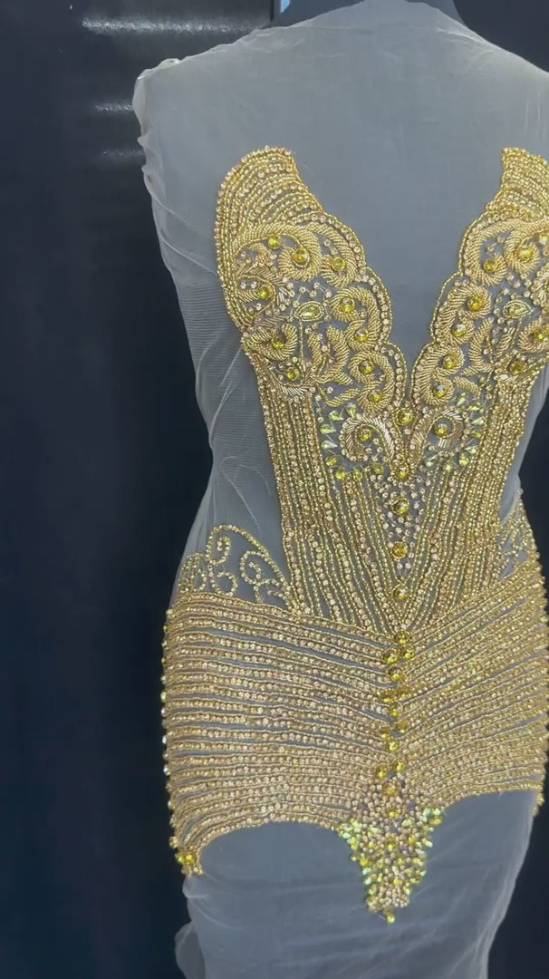 Lucy Gold Rhinestone Bodice Appliqué, Gold Rhinestones Applique, Embellished clothing, Rhinestone applications, Rhinestone embroidery, Rhinestone patch, Dress patch, Rhinestones for dress
