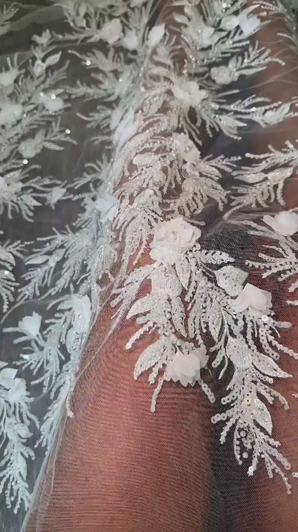 White 3D Floral Branch Sequin Beaded Lace, White Lace Mesh, Beaded sequin lace, nude lace mesh, Glitter Lace, Seed beads lace, Lace mesh on discount