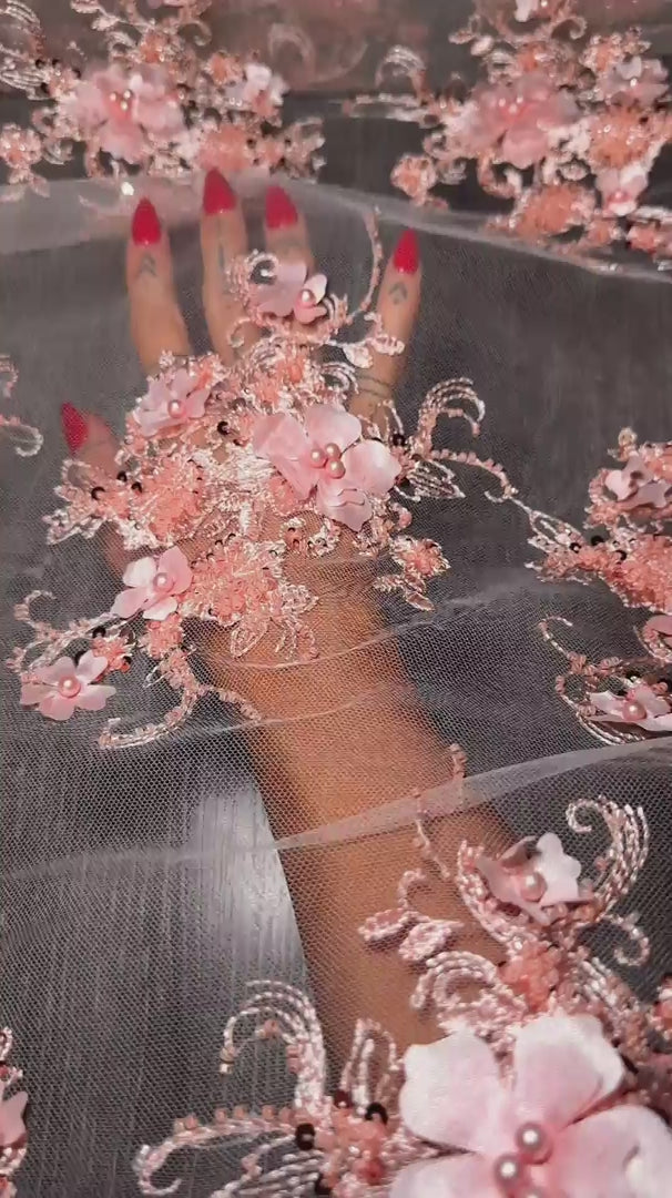 Peach 3D Floral Embroidered Beaded Tulle Lace, Embroidered Lace, Beaded Tulle Lace, Tulle for Wedding Dress, Pearl Material, Tulle Fabric, Tulle Lace Dress Woman