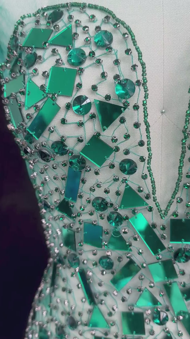 Maddy Emerald Green Rhinestone Bodice Appliqué, Silver Rhinestones Applique, Embellished clothing, Rhinestone applications, Rhinestone embroidery, Rhinestone patch, Dress patch, Rhinestones for dress