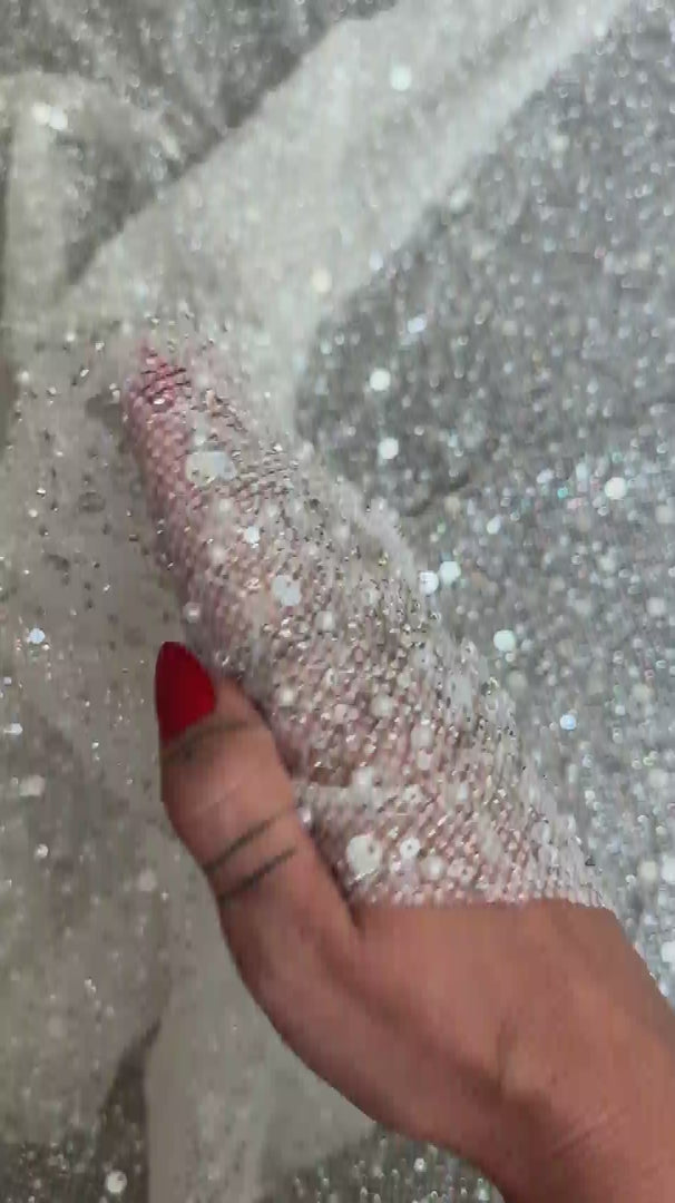 Off White Sequin Pearl Beaded Mesh, Sequin on mesh, Pearl Beaded Mesh, beaded sequin on mesh, pearl beaded fabric, shimmering sequins