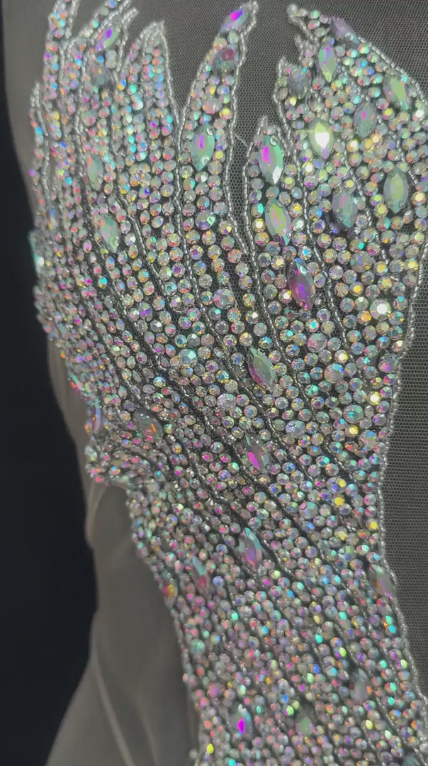 Susan Silver Iridescent Rhinestone Bodice Applique, Silver Rhinestones Applique, Embellished clothing, Rhinestone applications, Rhinestone embroidery, Rhinestone patch, Dress patch, Rhinestones for dress