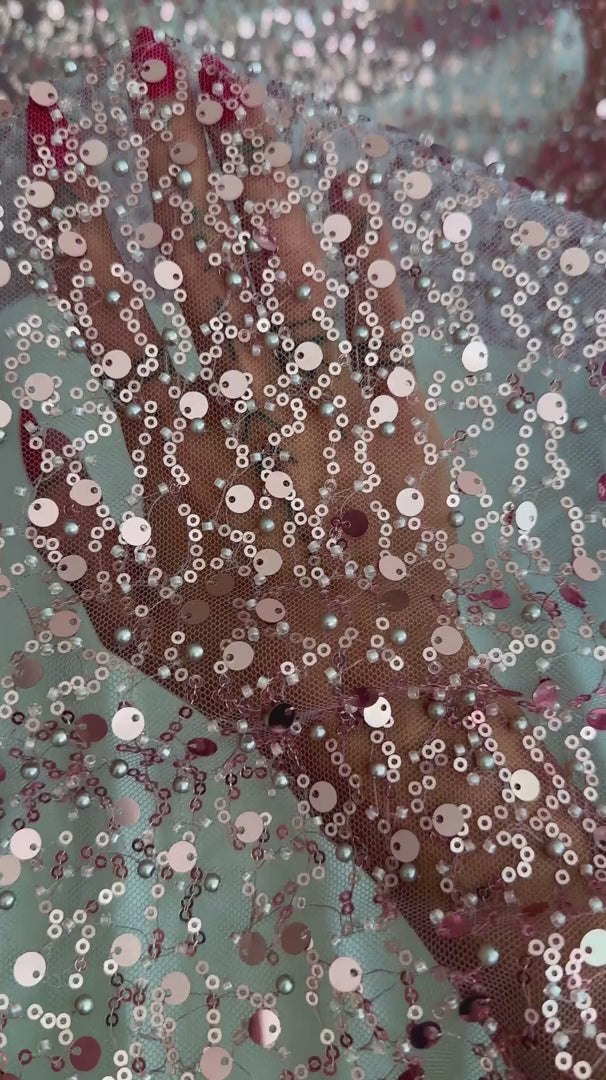 Dusty Pink Sequin Pearl Beaded Mesh, Sequin on mesh, Pearl Beaded Mesh, beaded sequin on mesh, pearl beaded fabric, shimmering sequins