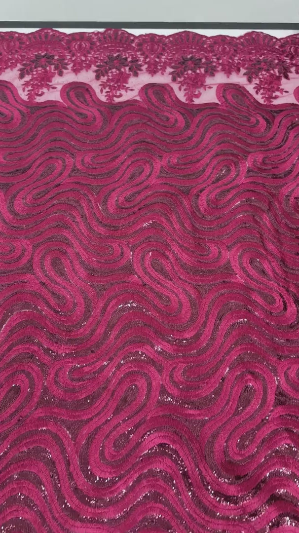 Red Wine Embroidered Sequin Scalloped Lace, Embroidered Lace, Nude Lace Mesh, Lace for Woman, Lace for Bride, Lace on Sale, Lace on Discount