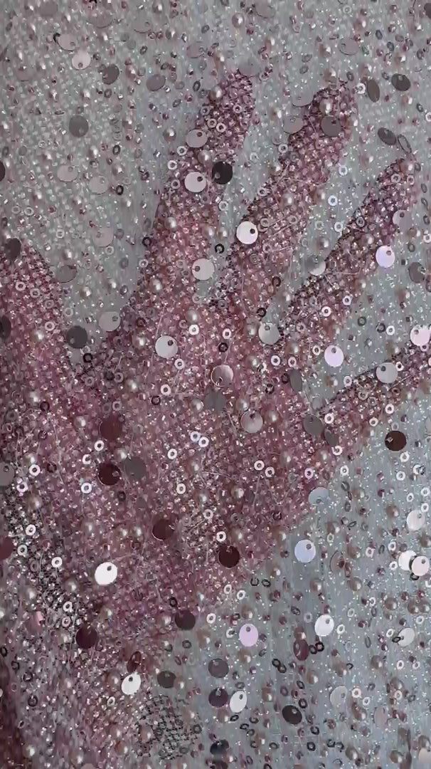 Mauve Sequin Pearl Beaded Mesh, Sequin on mesh, Pearl Beaded Mesh, beaded sequin on mesh, pearl beaded fabric, shimmering sequins
