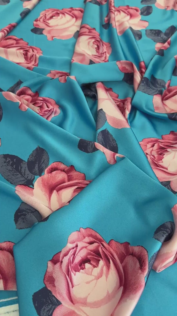 Aqua Blue Floral Print Satin, Luxury Satin, Printed Satin, Premium Satin, Satin for Bride, Satin for Women, Satin in Low Price, Cheap Satin, Satin on Sale