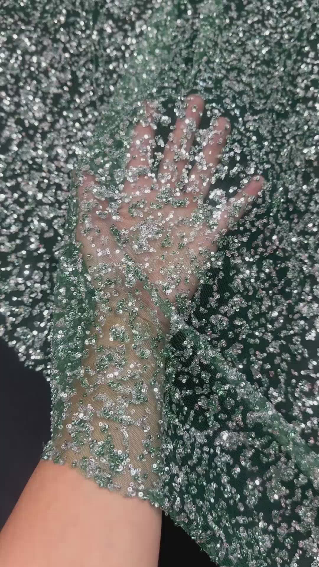 Green-Silver Beaded Sequin Lace